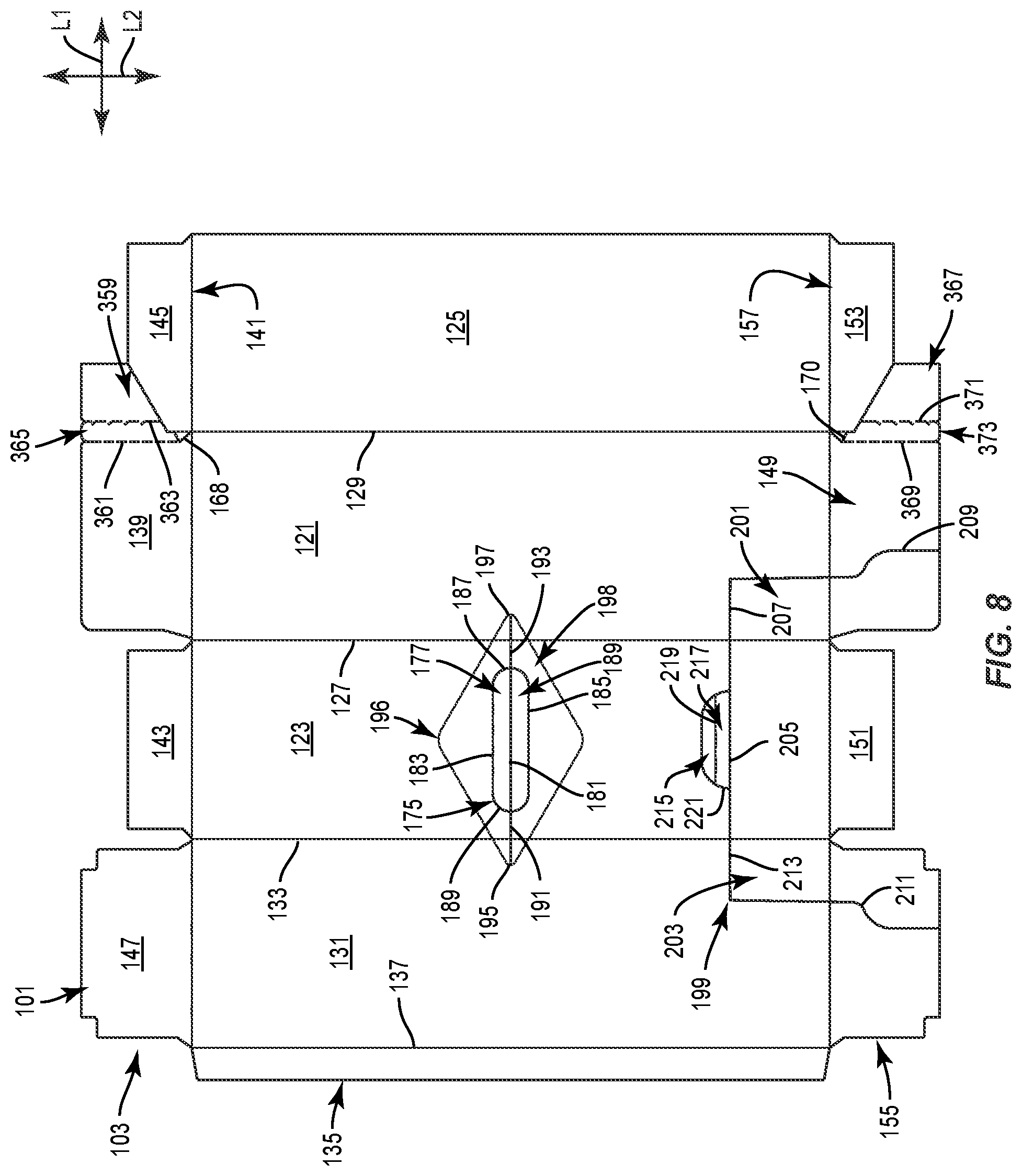 Patent US11787595 Figure 8 – Carton with attachment features