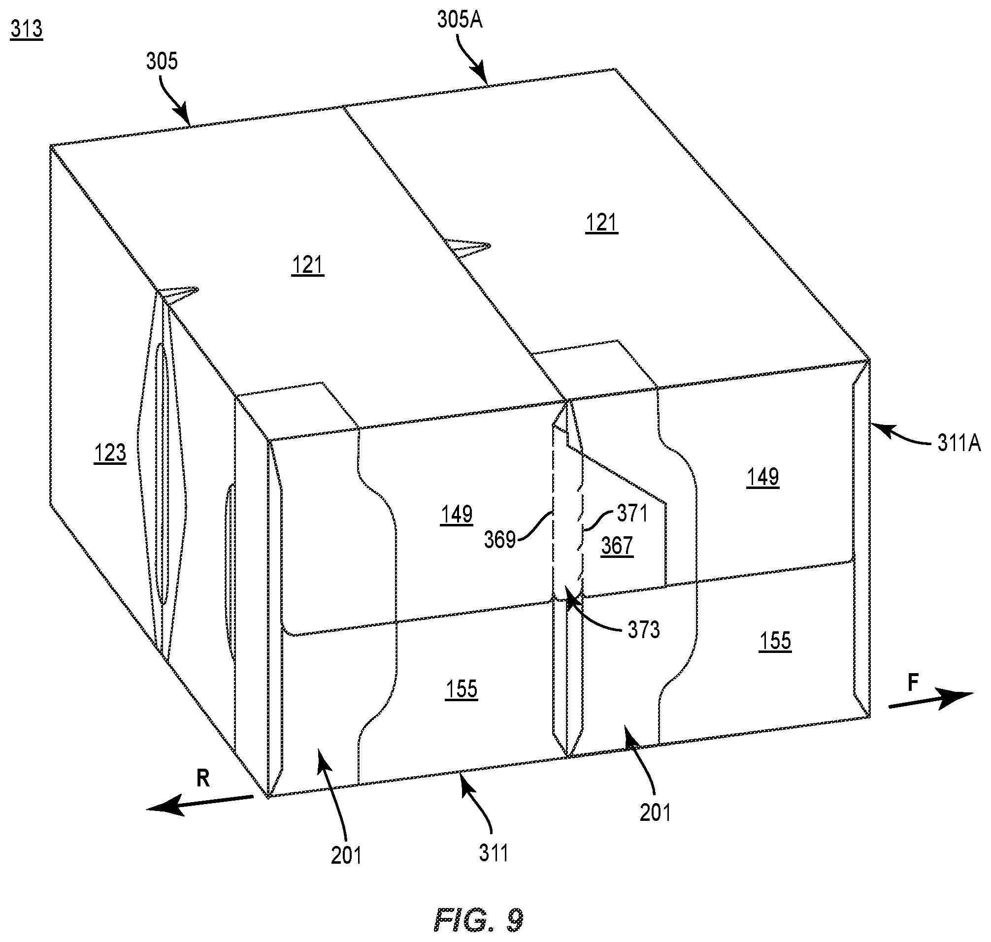 Patent US11787595 Figure 9 – Carton with attachment features