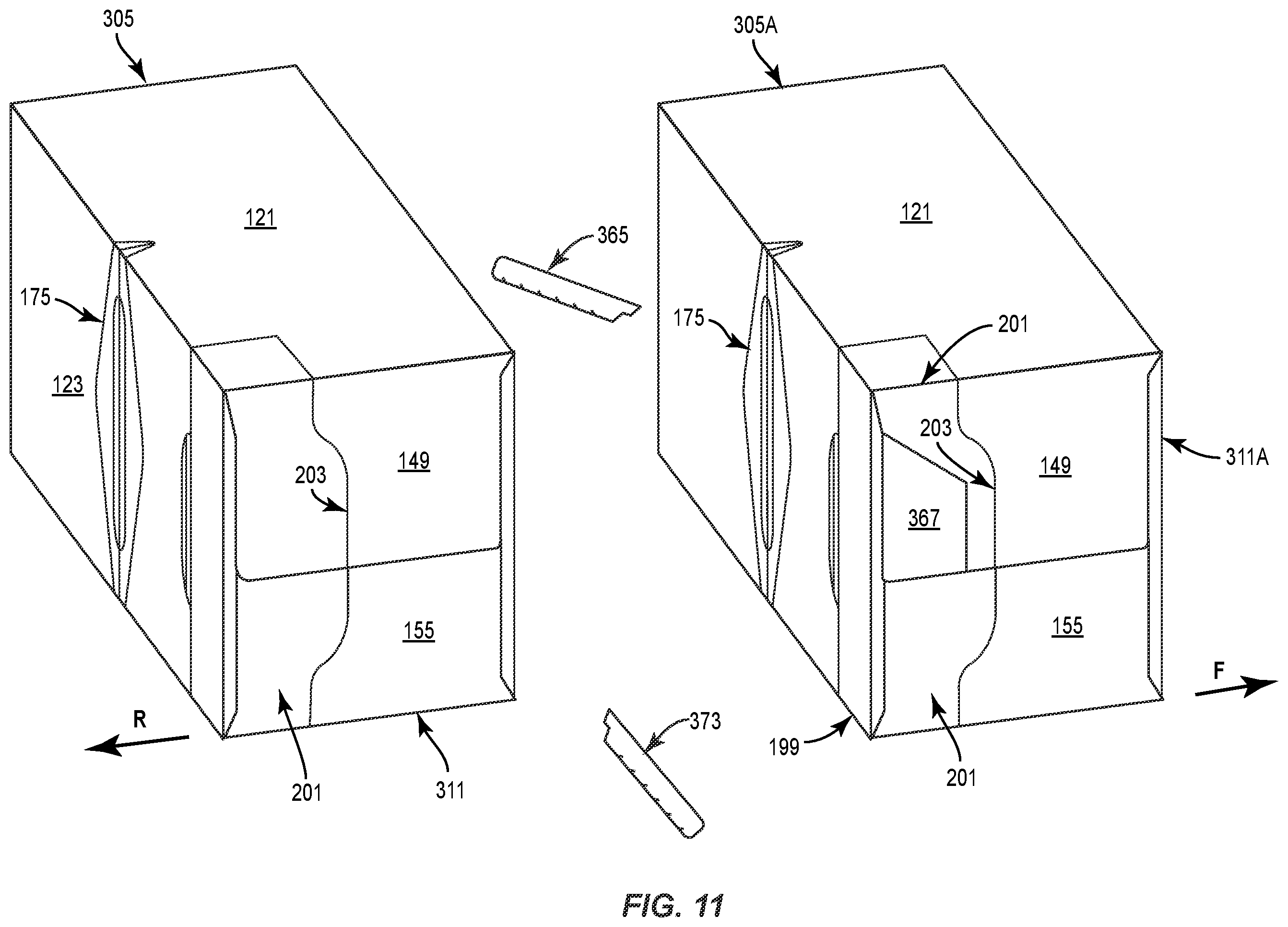 Patent US11787595 Figure 11 – Carton with attachment features