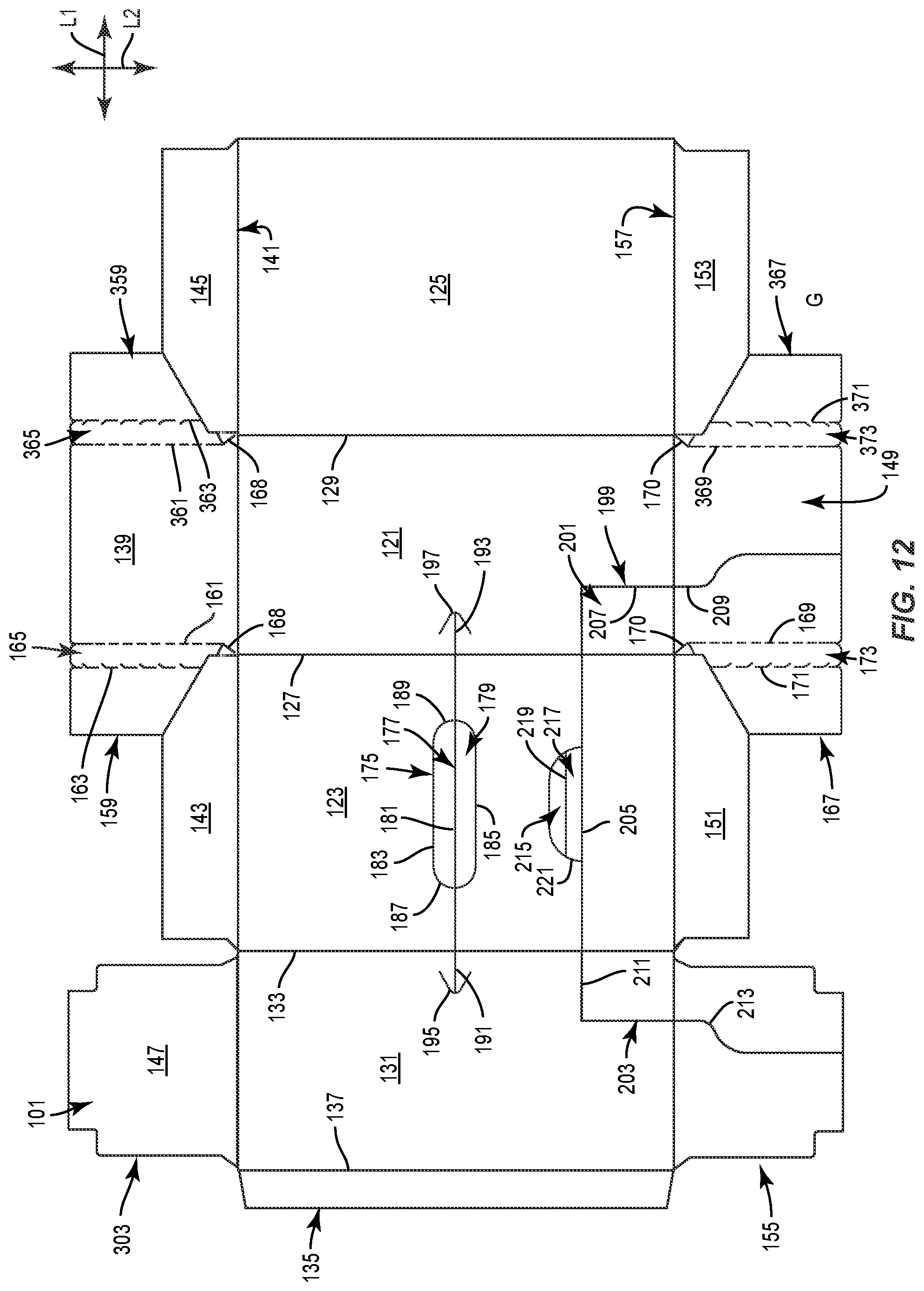 Patent US11787595 Figure 12 – Carton with attachment features