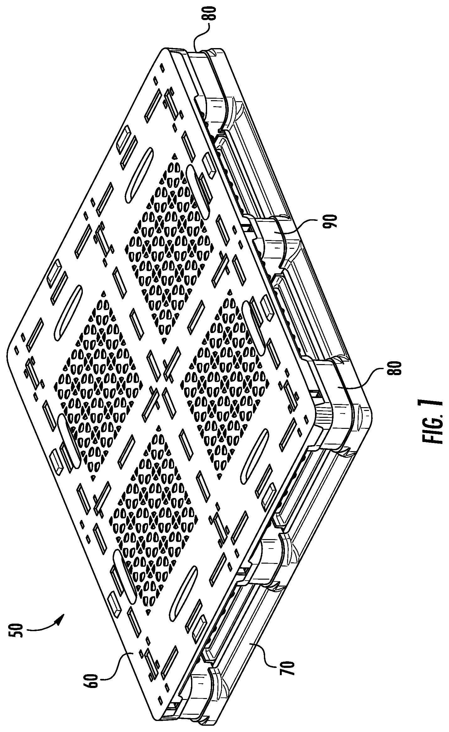 Patent US11787598 Figure 1 – Repairable plastic pallet with removable support blocks and associated methods