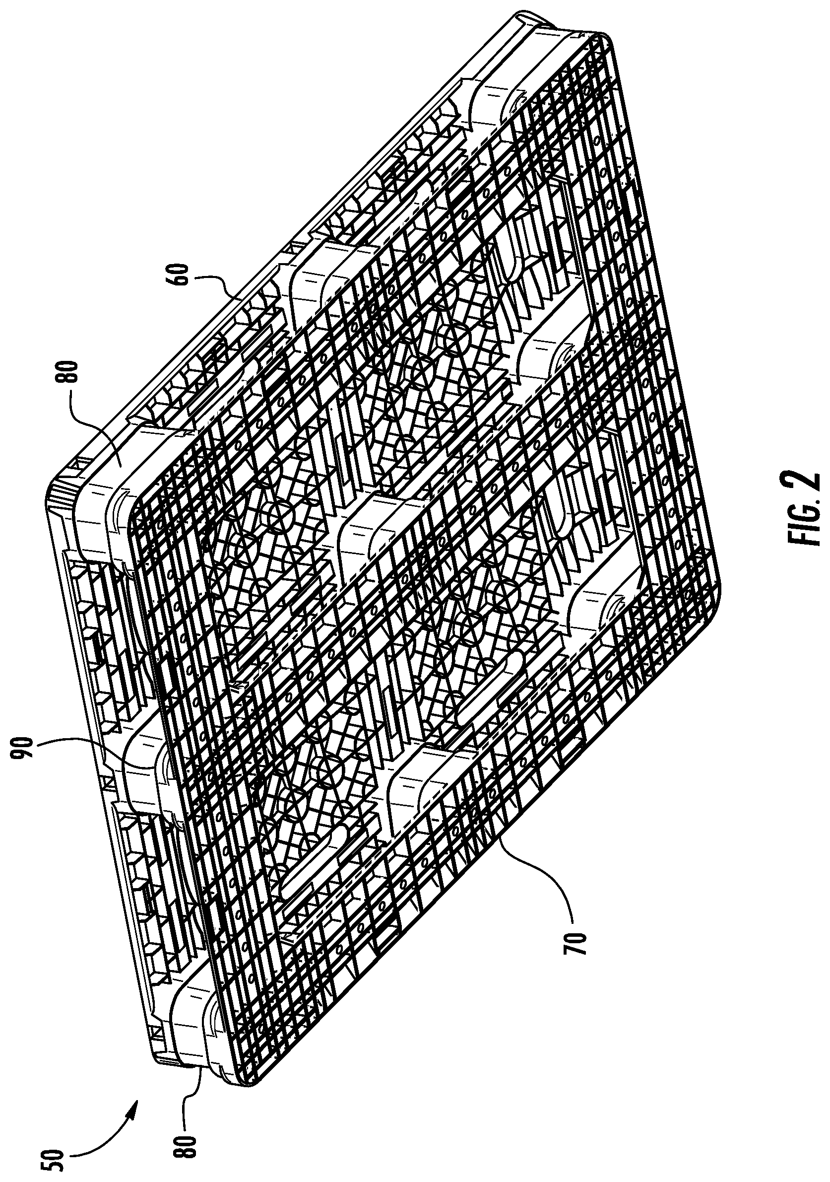 Patent US11787598 Figure 2 – Repairable plastic pallet with removable support blocks and associated methods