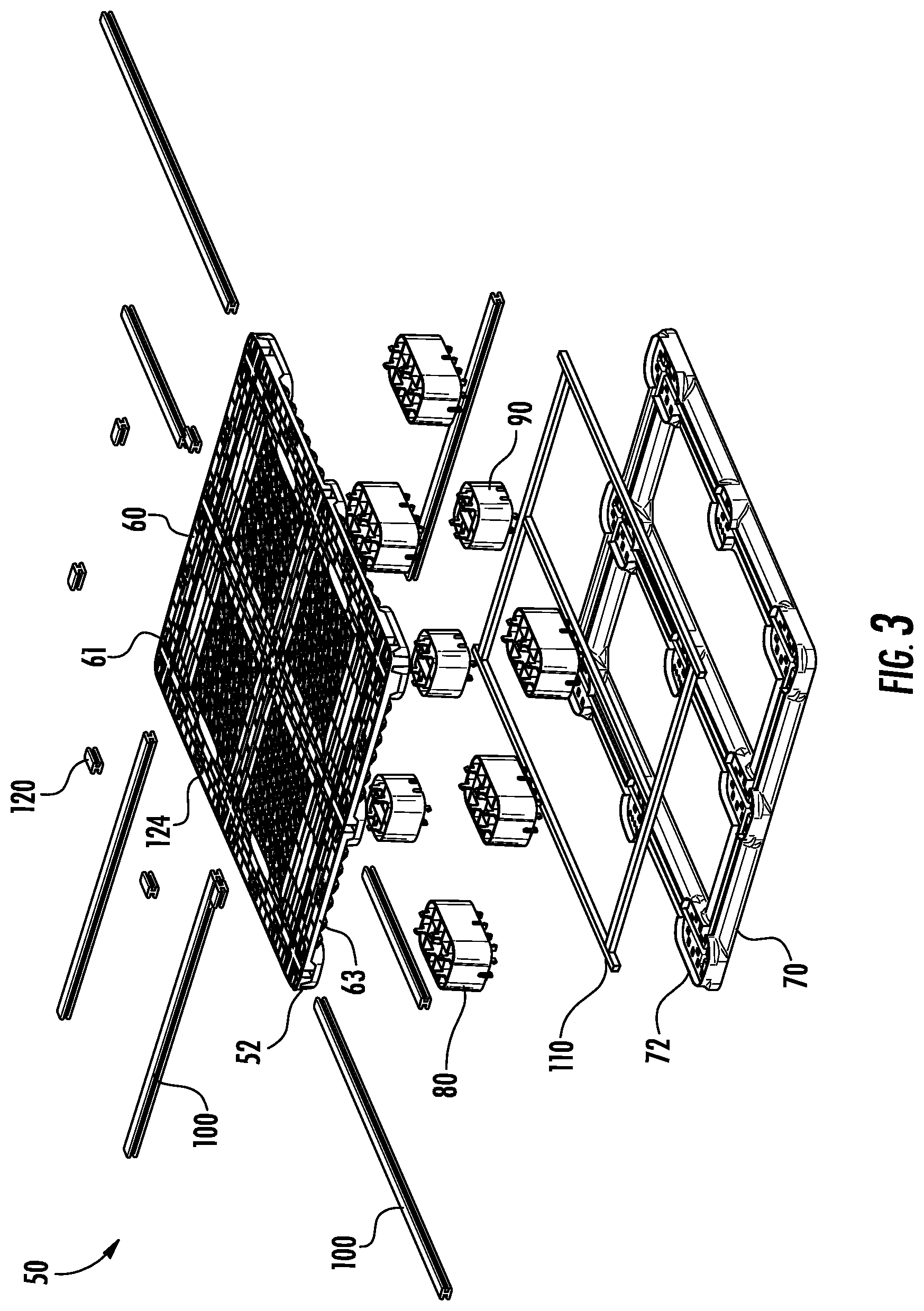 Patent US11787598 Figure 3 – Repairable plastic pallet with removable support blocks and associated methods