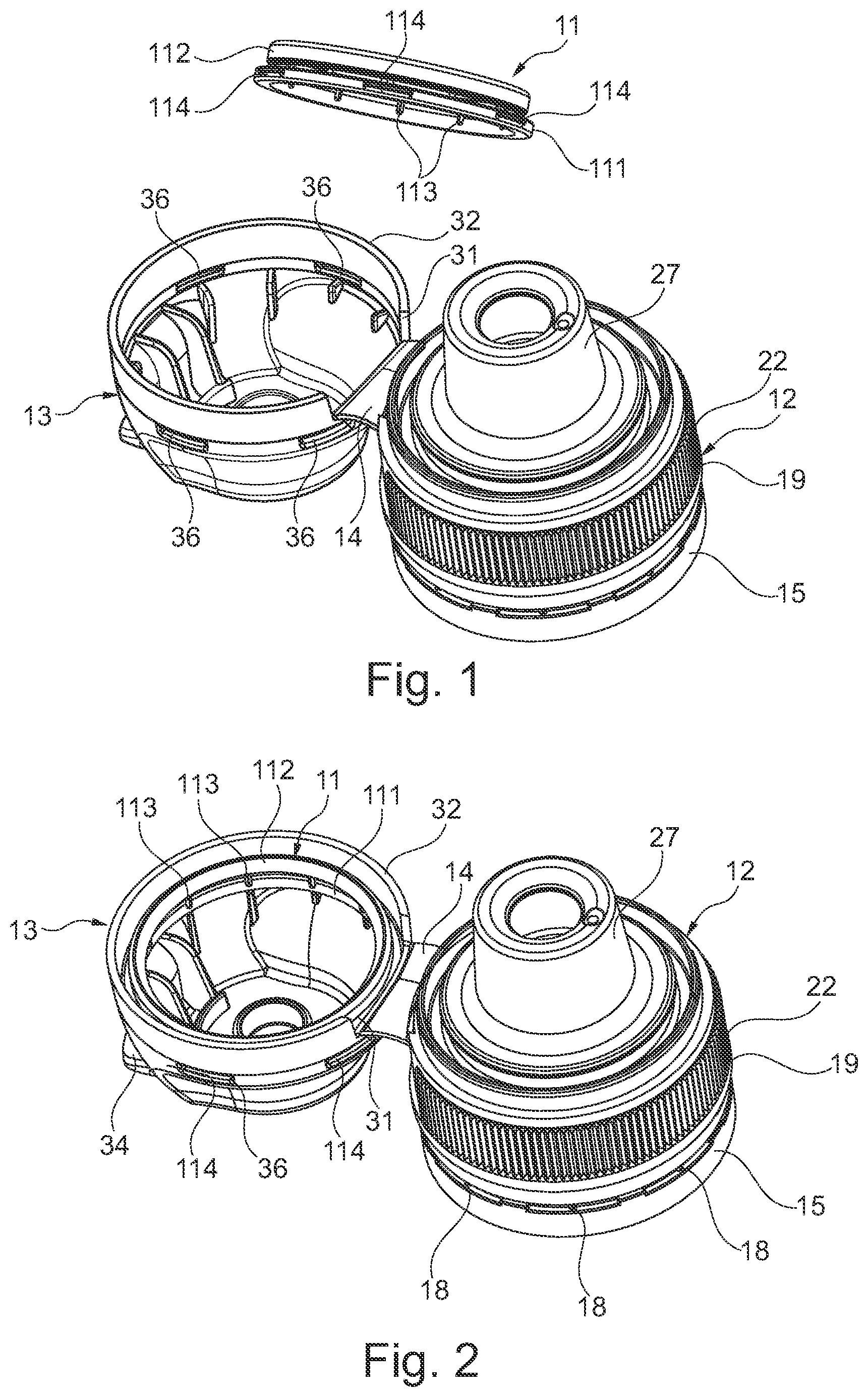 Patent US11787609 Figure 1 – Hinged flip-top cap with tamper-evident inner ring