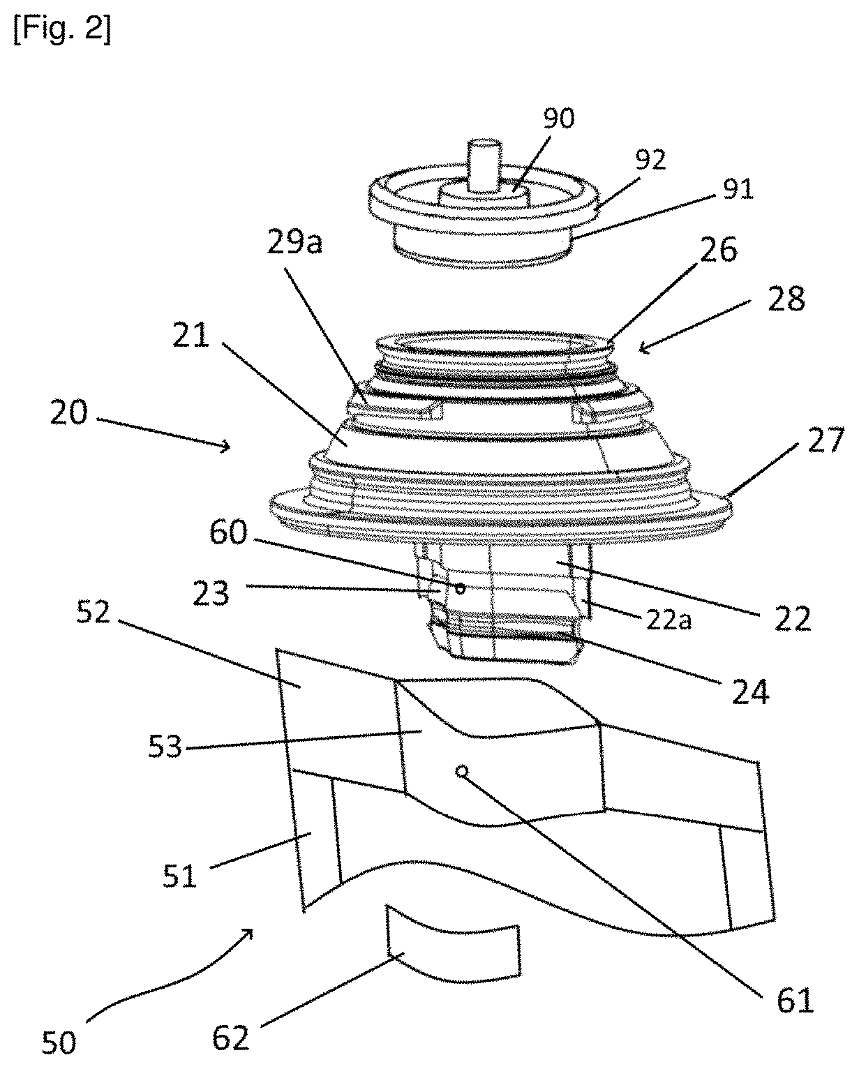 Patent US11787620 Figure 2 – Valve holding device for pocket refill, pocket refill and refillable dispenser casing comprising same
