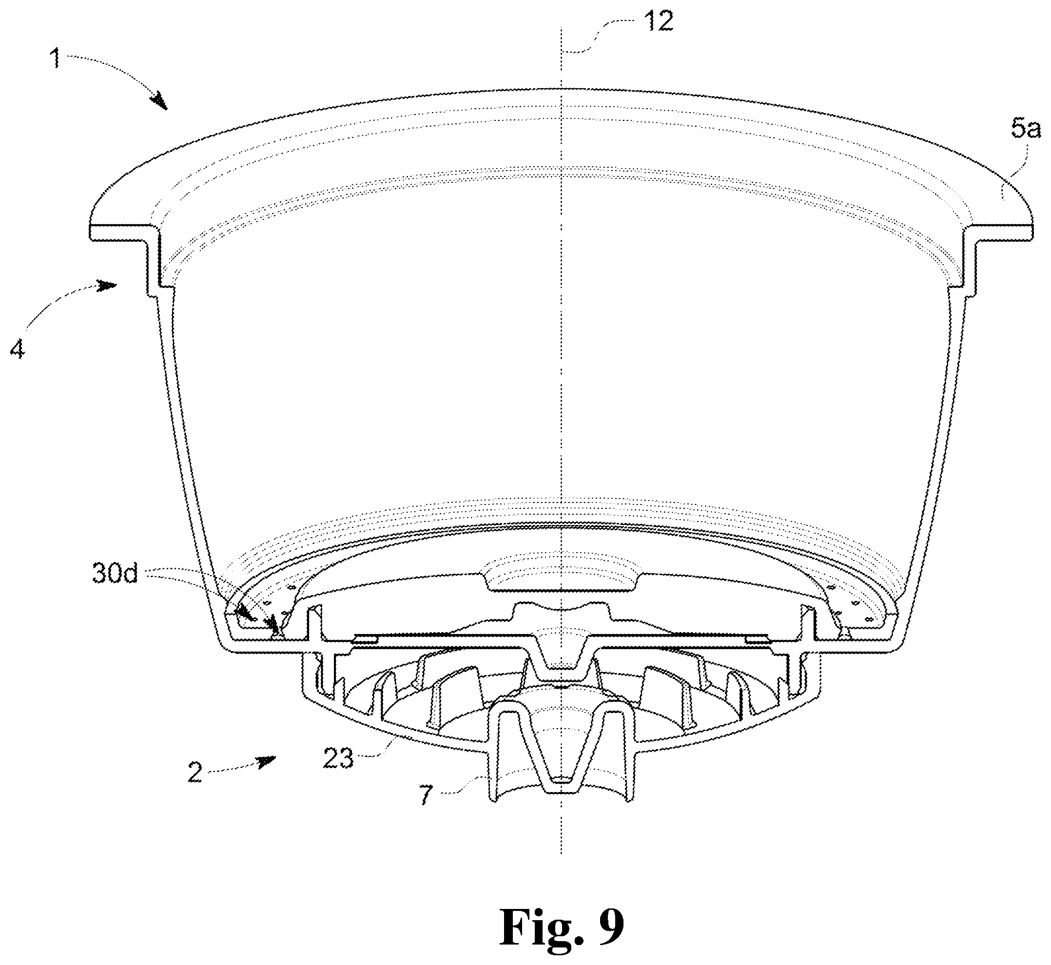 Patent US11787623 Figure 8 – Single serve capsule having weak points and thinned points in the capsule base