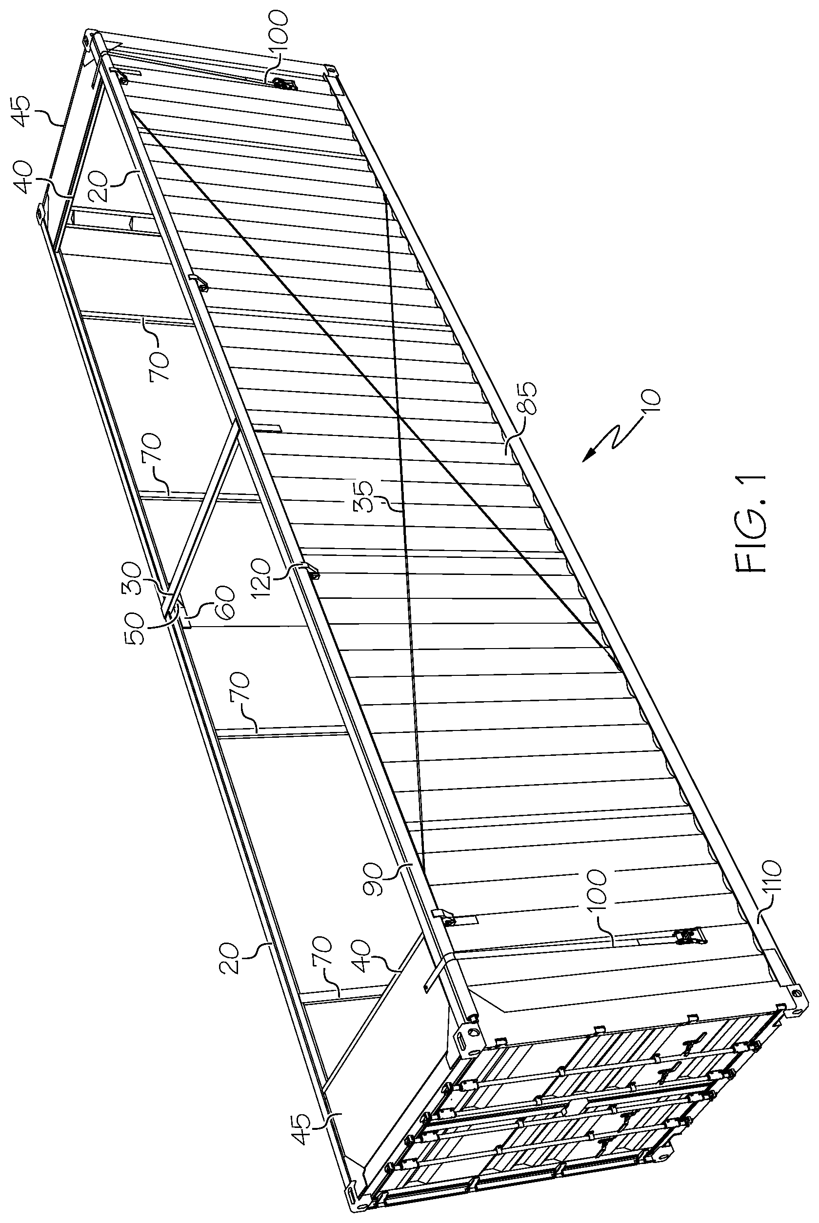 Patent US11787625 Figure 1 – Specialty intermodal container having a roll cover roof, method of use and manufacture