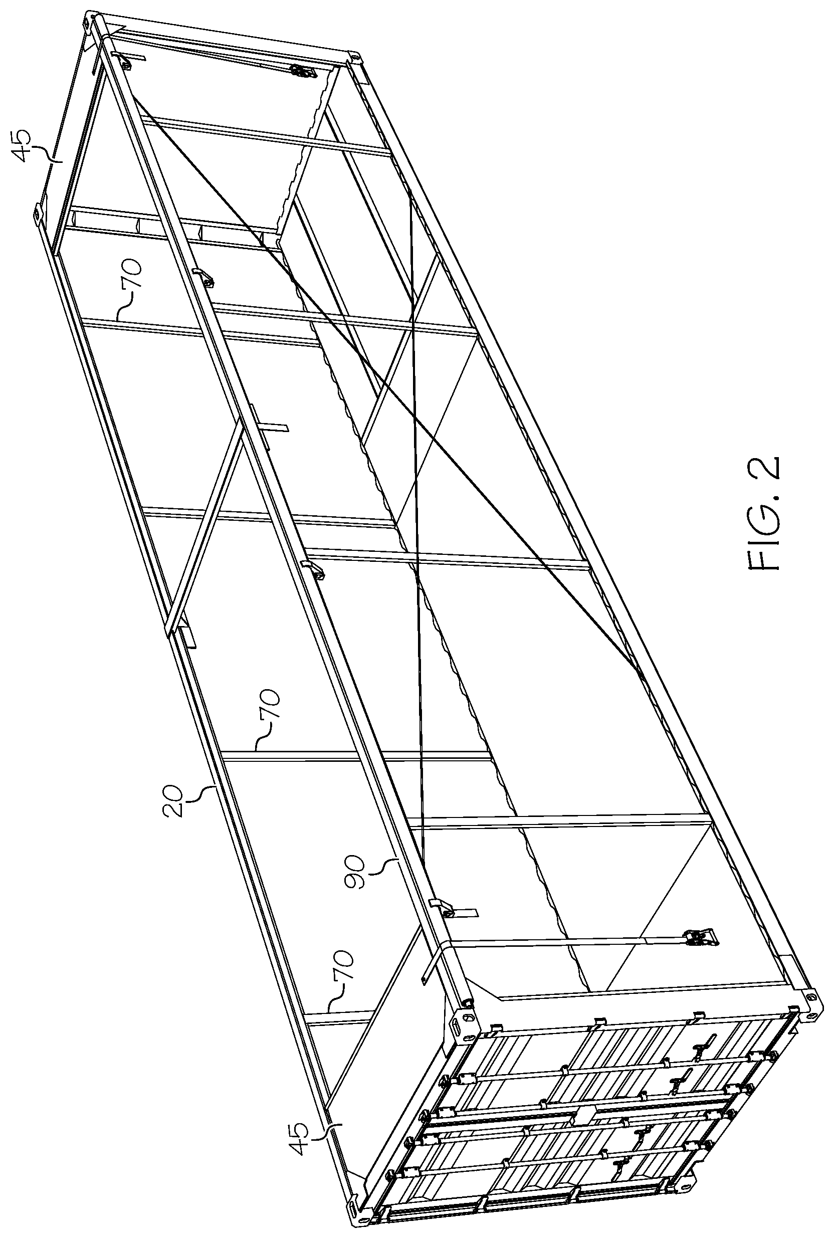 Patent US11787625 Figure 2 – Specialty intermodal container having a roll cover roof, method of use and manufacture