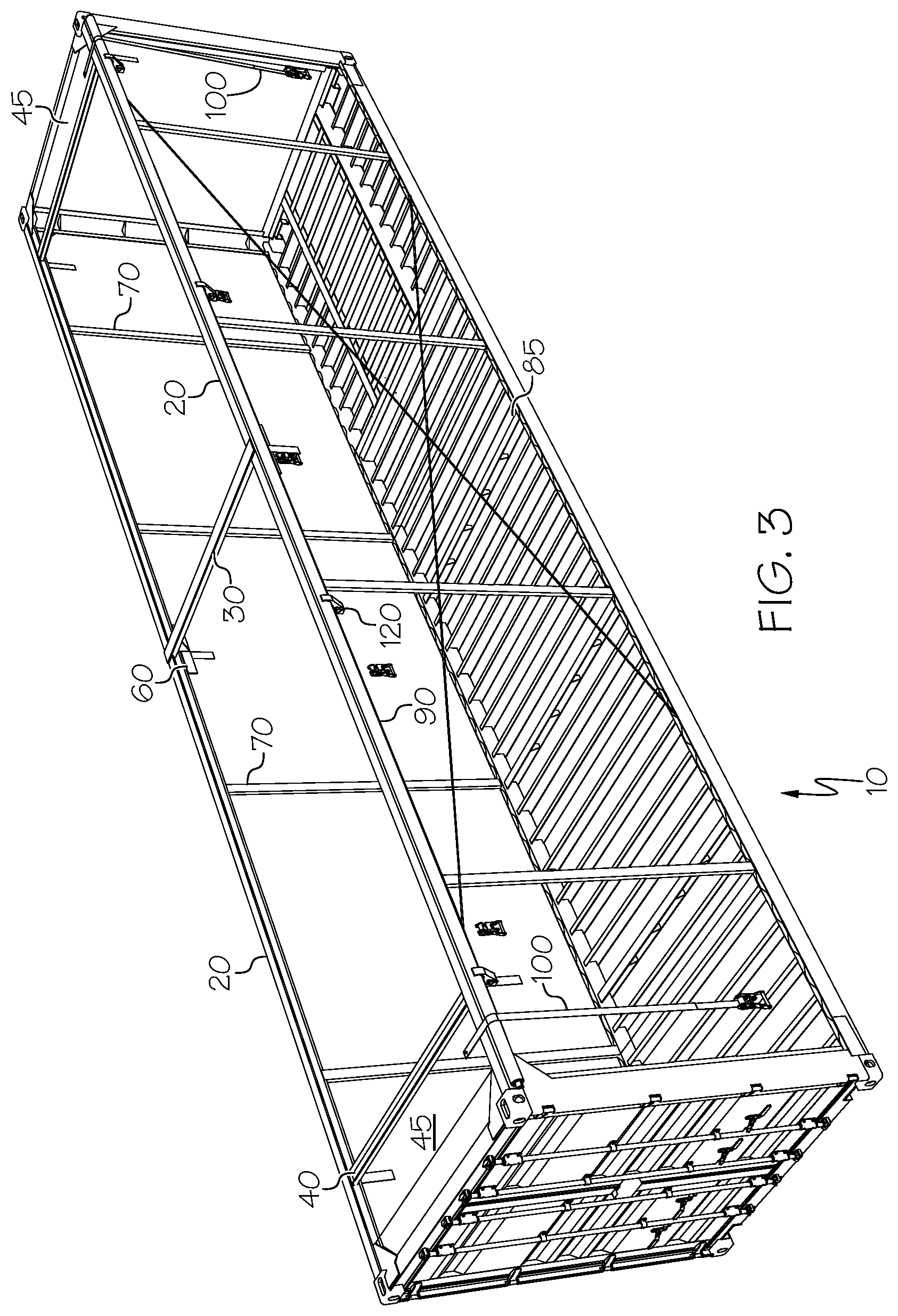 Patent US11787625 Figure 3 – Specialty intermodal container having a roll cover roof, method of use and manufacture