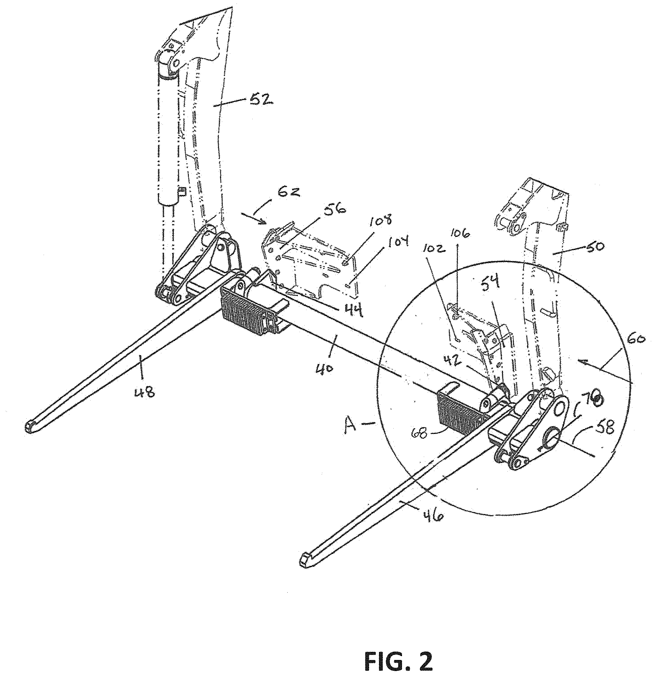 Patent US11787629 Figure 2 – Residential container guides for a front end loader