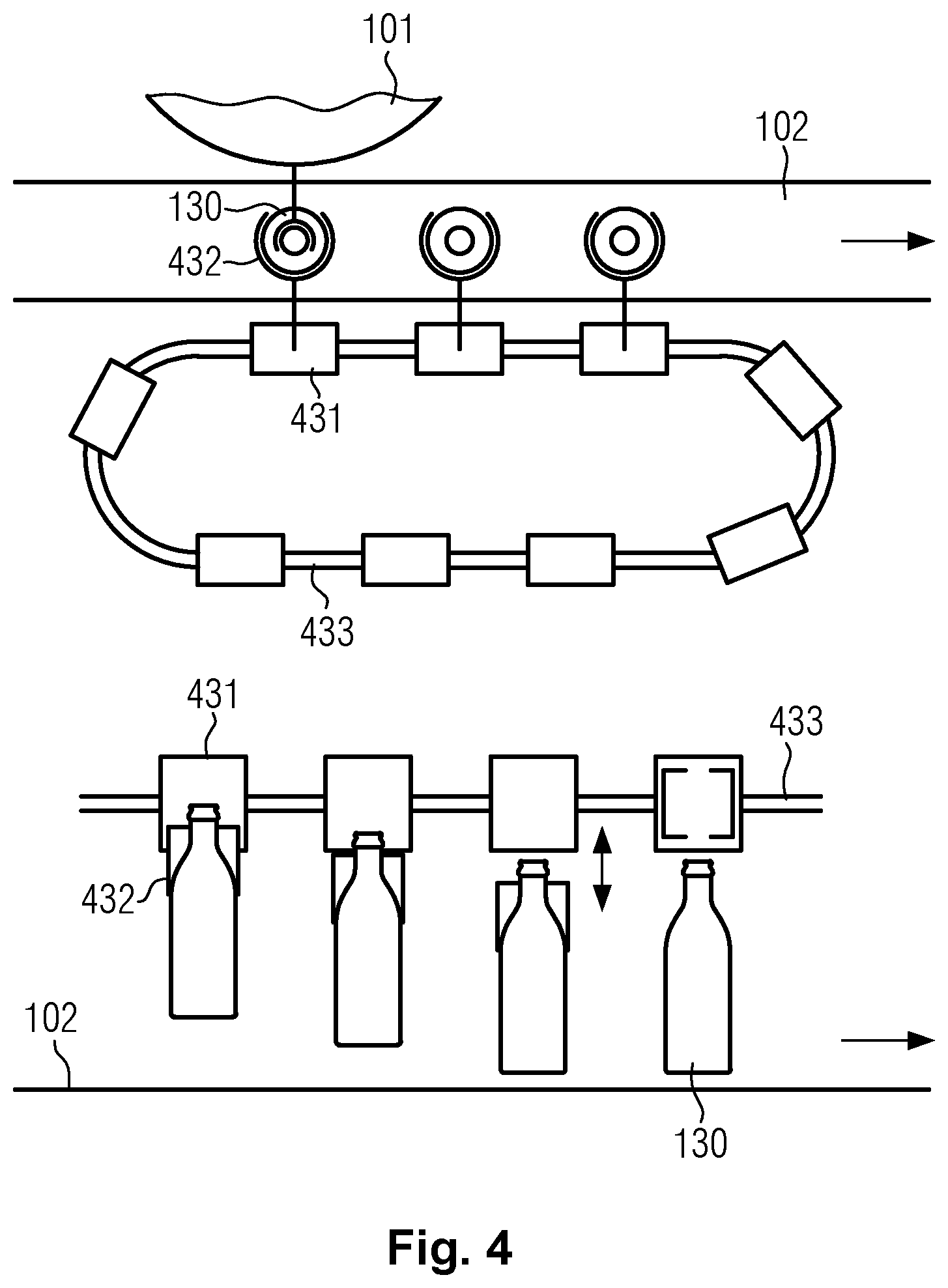 Patent US11787644 Figure 4 – Transporting installation for containers