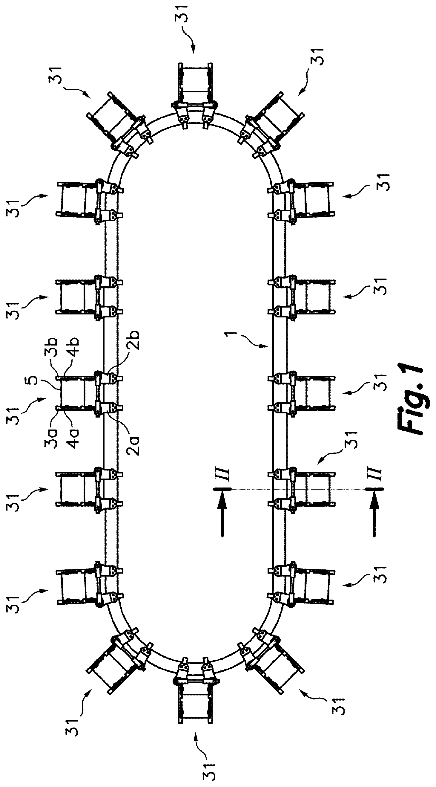 Patent US11787645 — Conveyor device for conveying flexible containers along a packaging line — Figure 1
