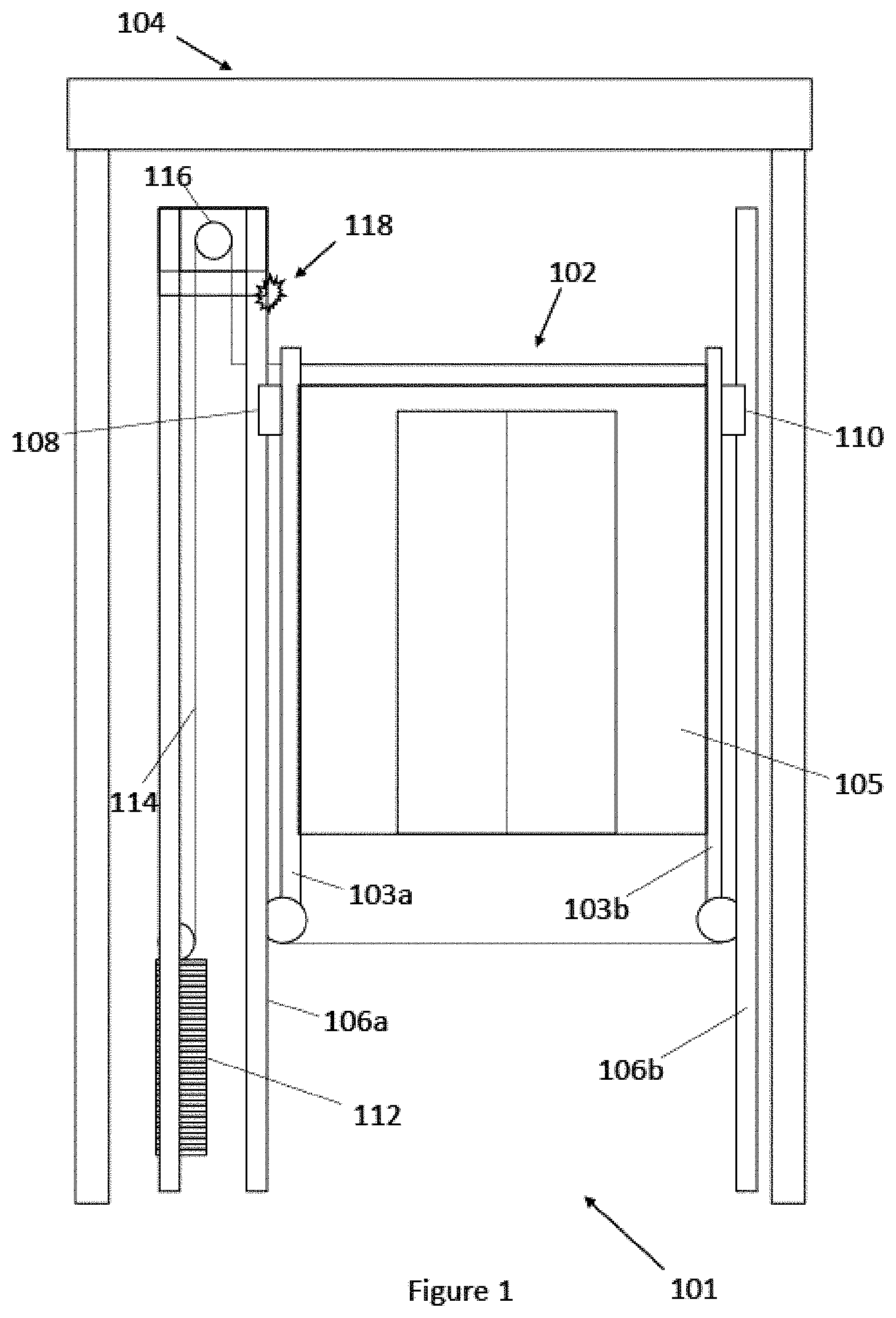 Patent US11787663 Figure 1 – Elevator car with electronic safety actuator