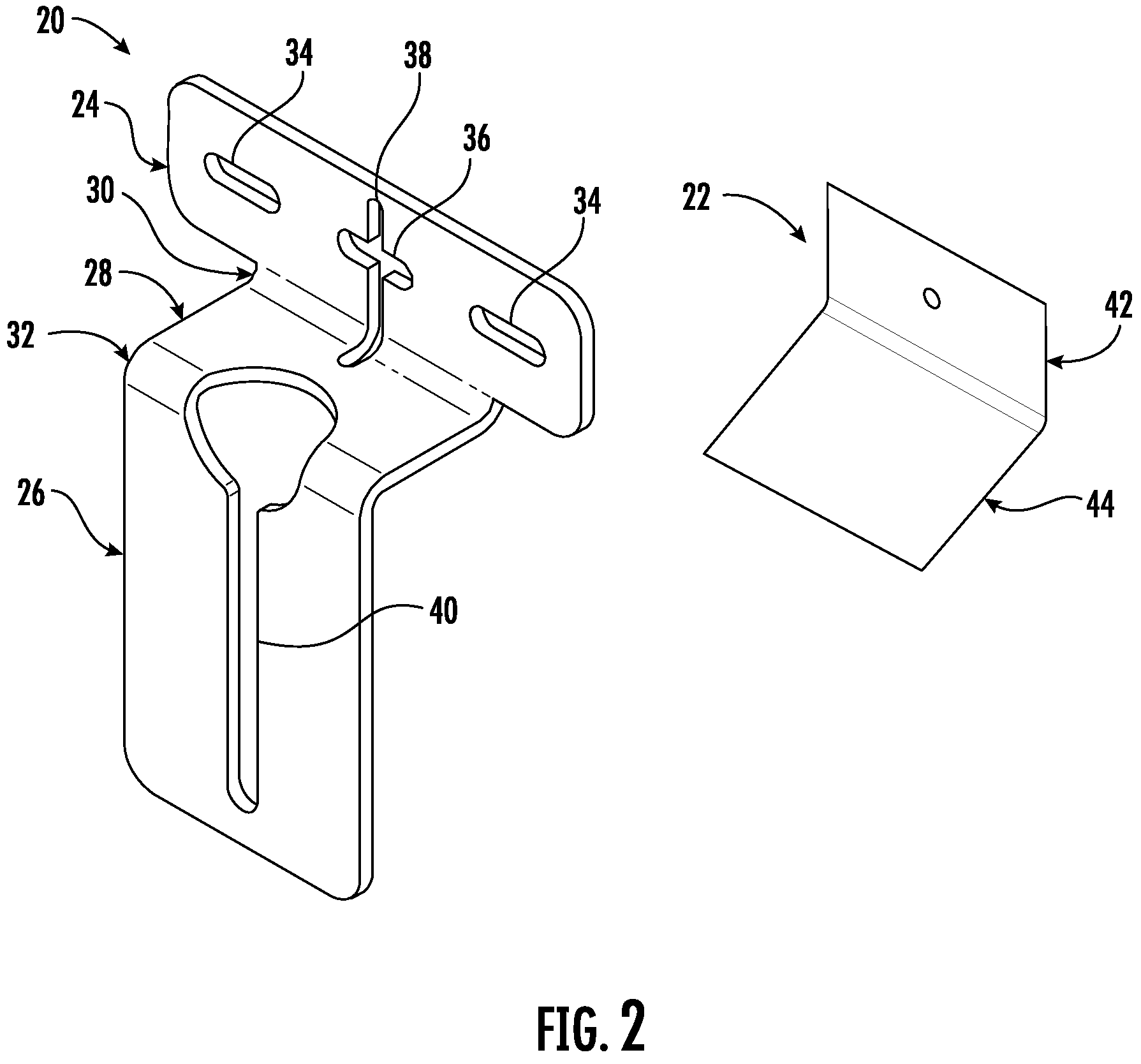 Patent US11787664 Figure 2 – Elevator mounting assembly with side mount hanger