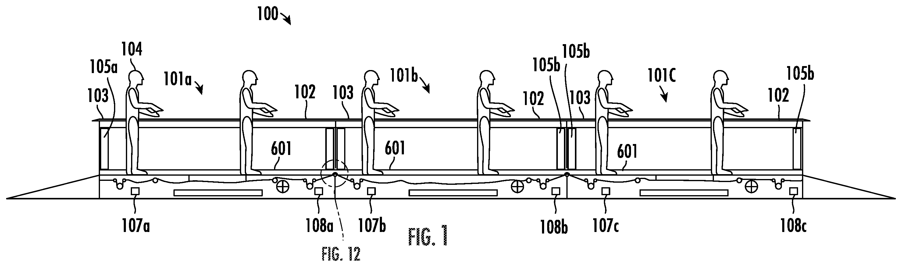 Patent US11787665 Figure 1 – Systems and methods for variable speed modular moving walkways