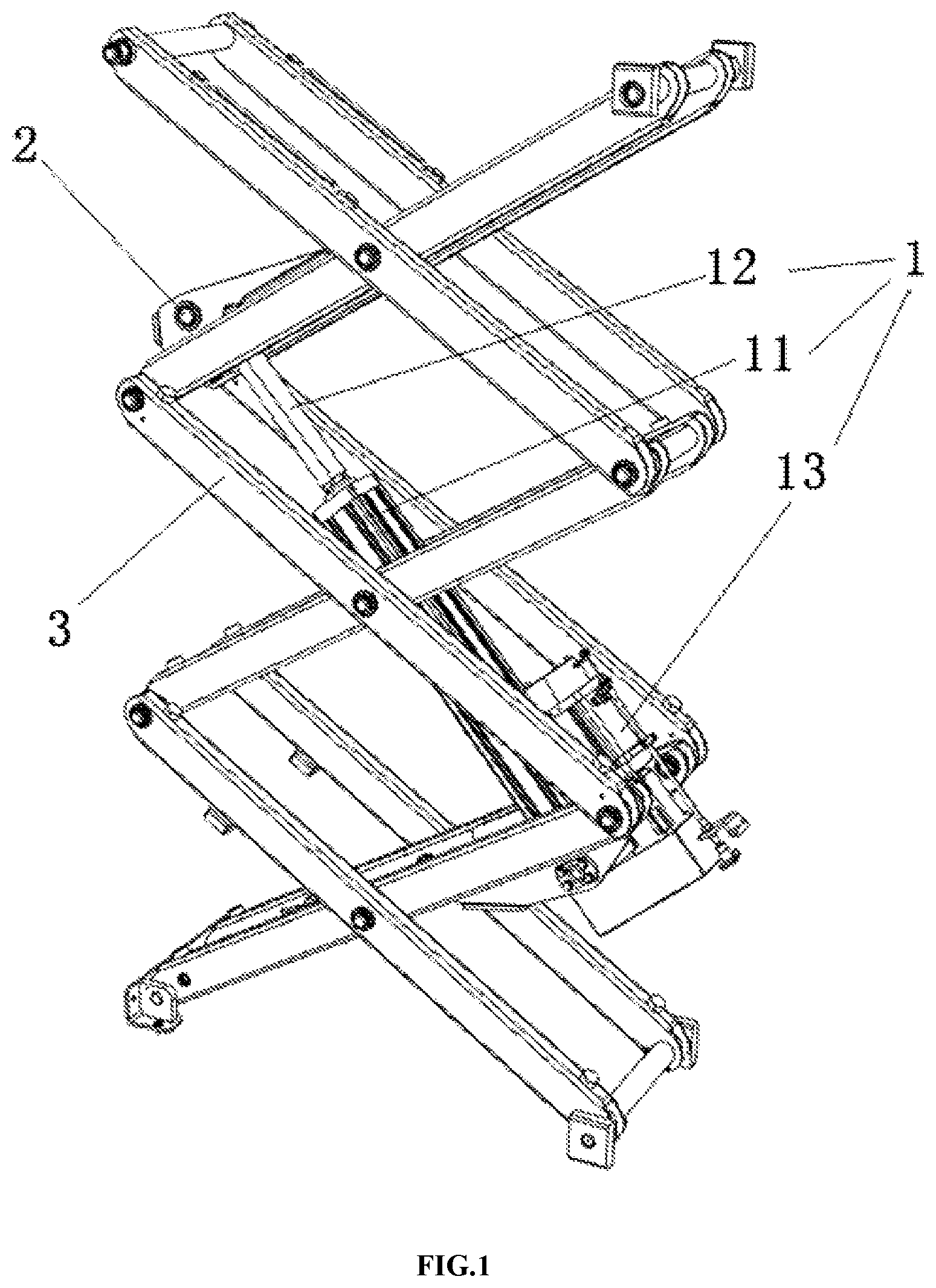 Patent US11787675 Figure 1 – Scissor aerial work platform and scissor lifting assembly thereof