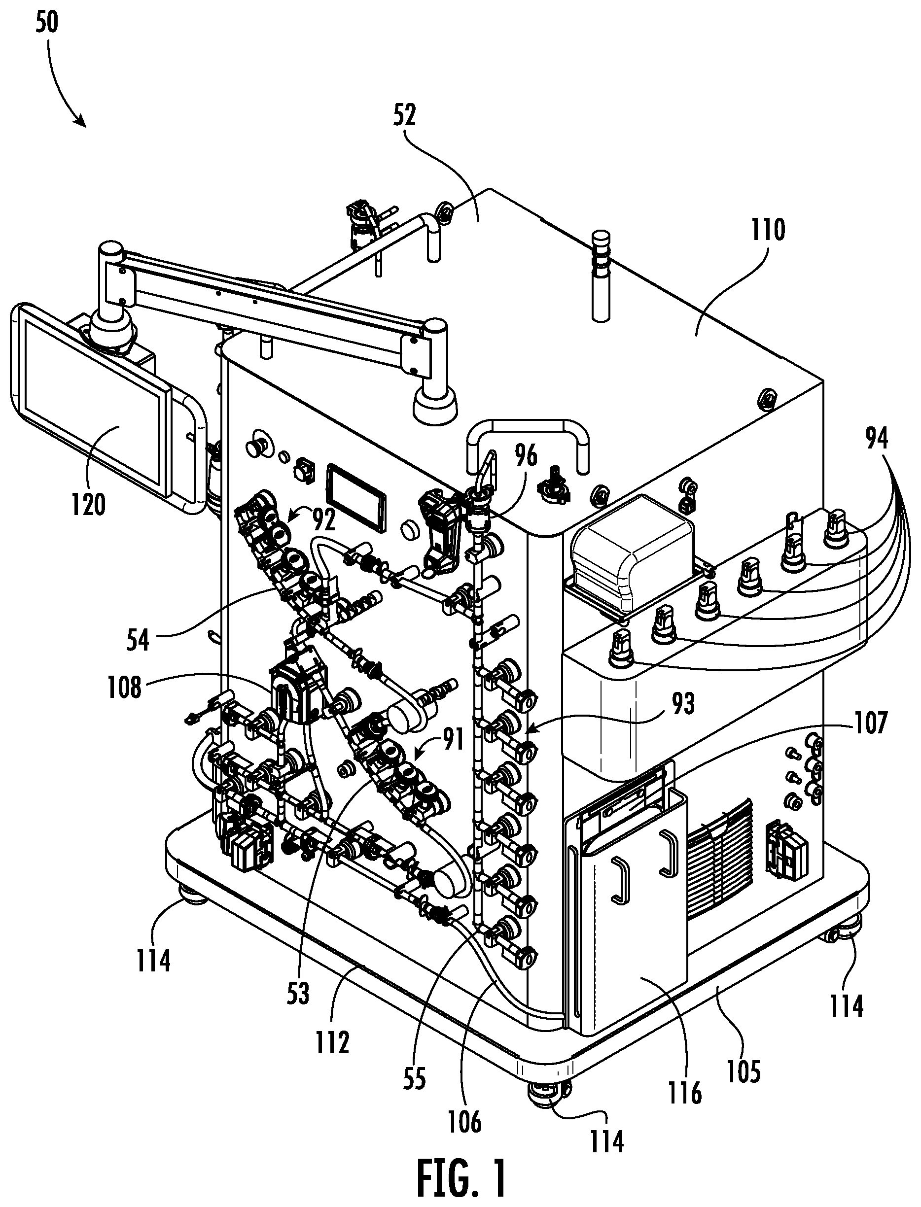 Patent US11787680 Figure 1 – Fluid distribution system with single use manifold fluid recovery assembly