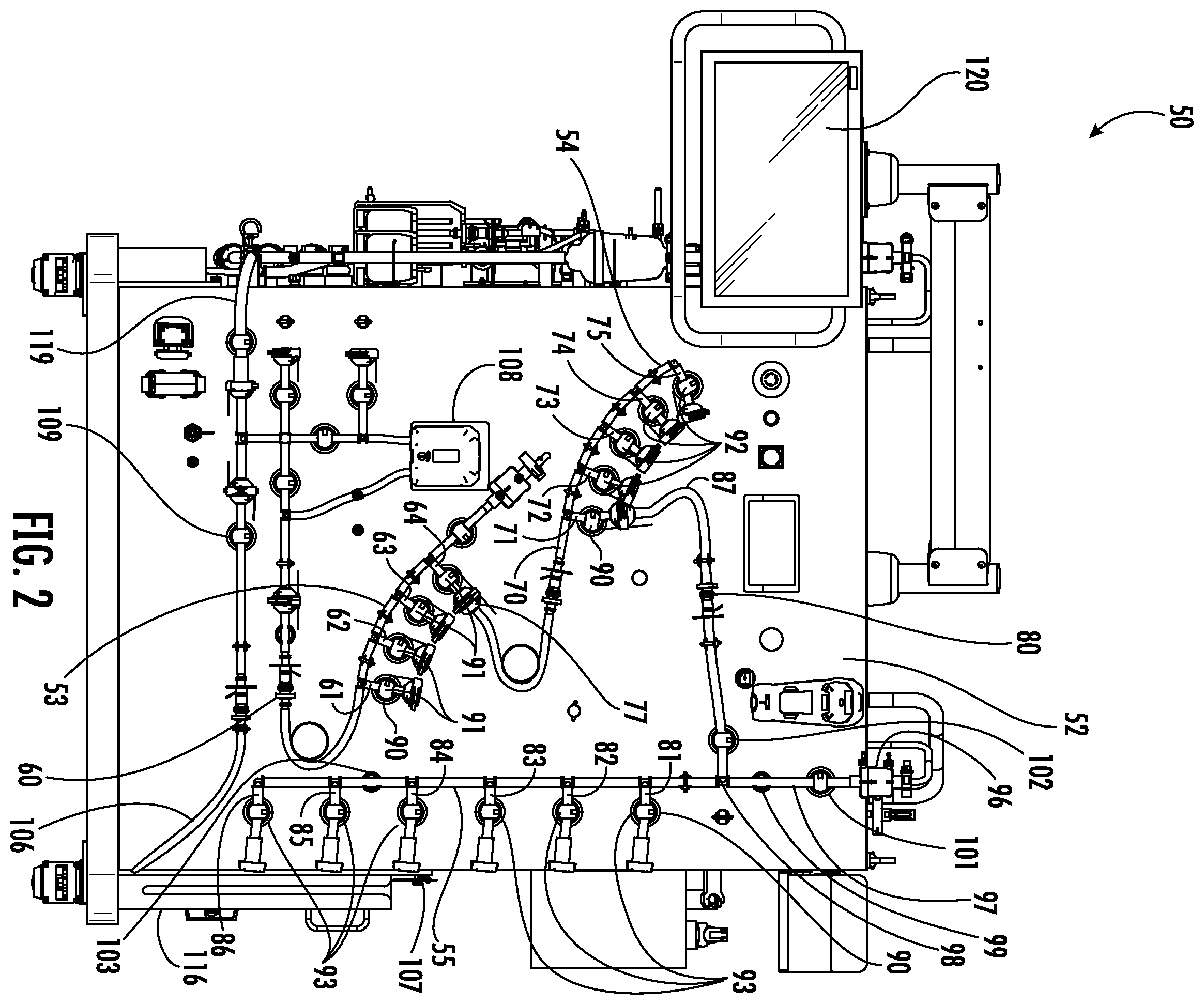 Patent US11787680 Figure 2 – Fluid distribution system with single use manifold fluid recovery assembly