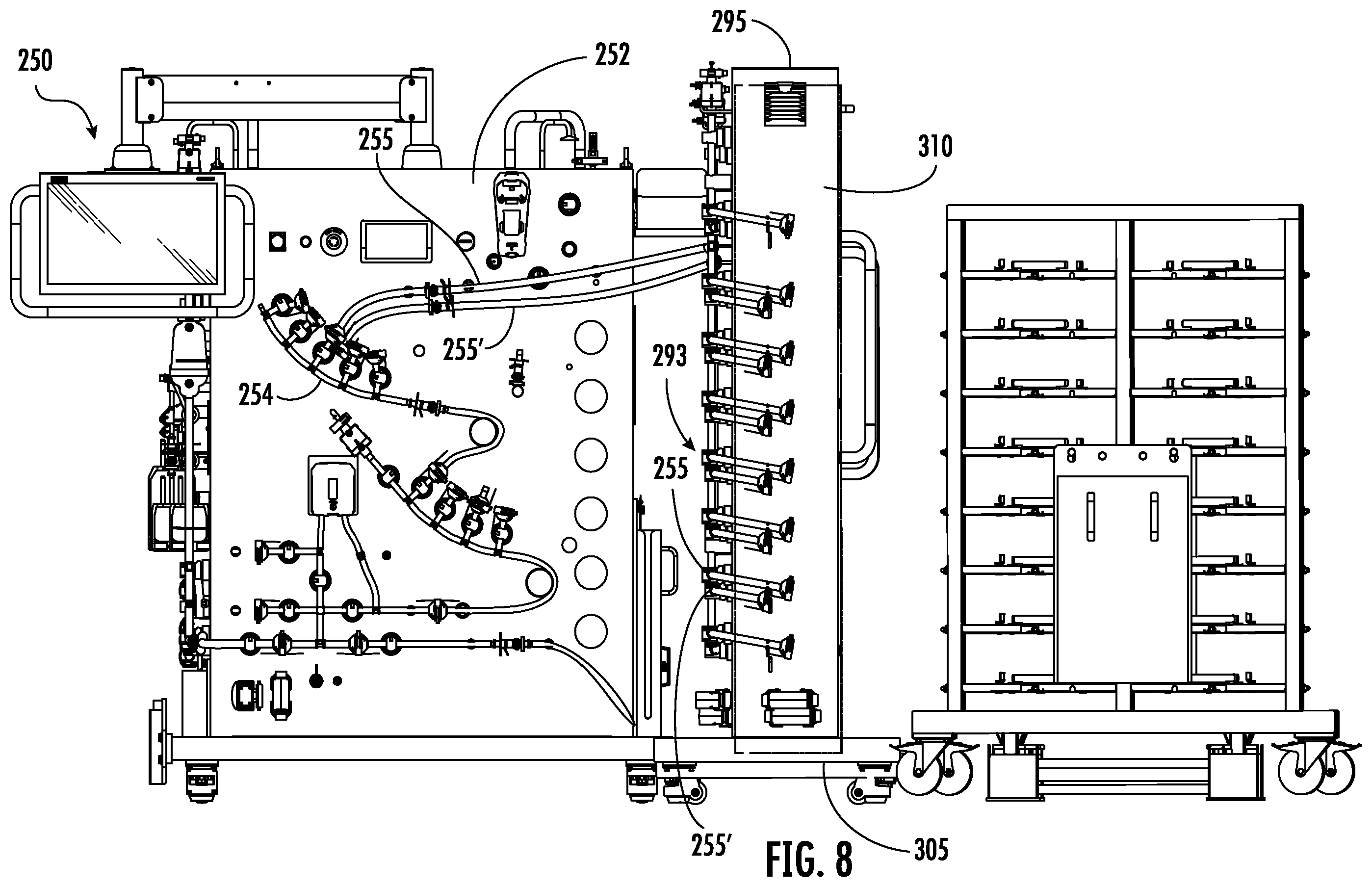 Patent US11787680 Figure 8 – Fluid distribution system with single use manifold fluid recovery assembly