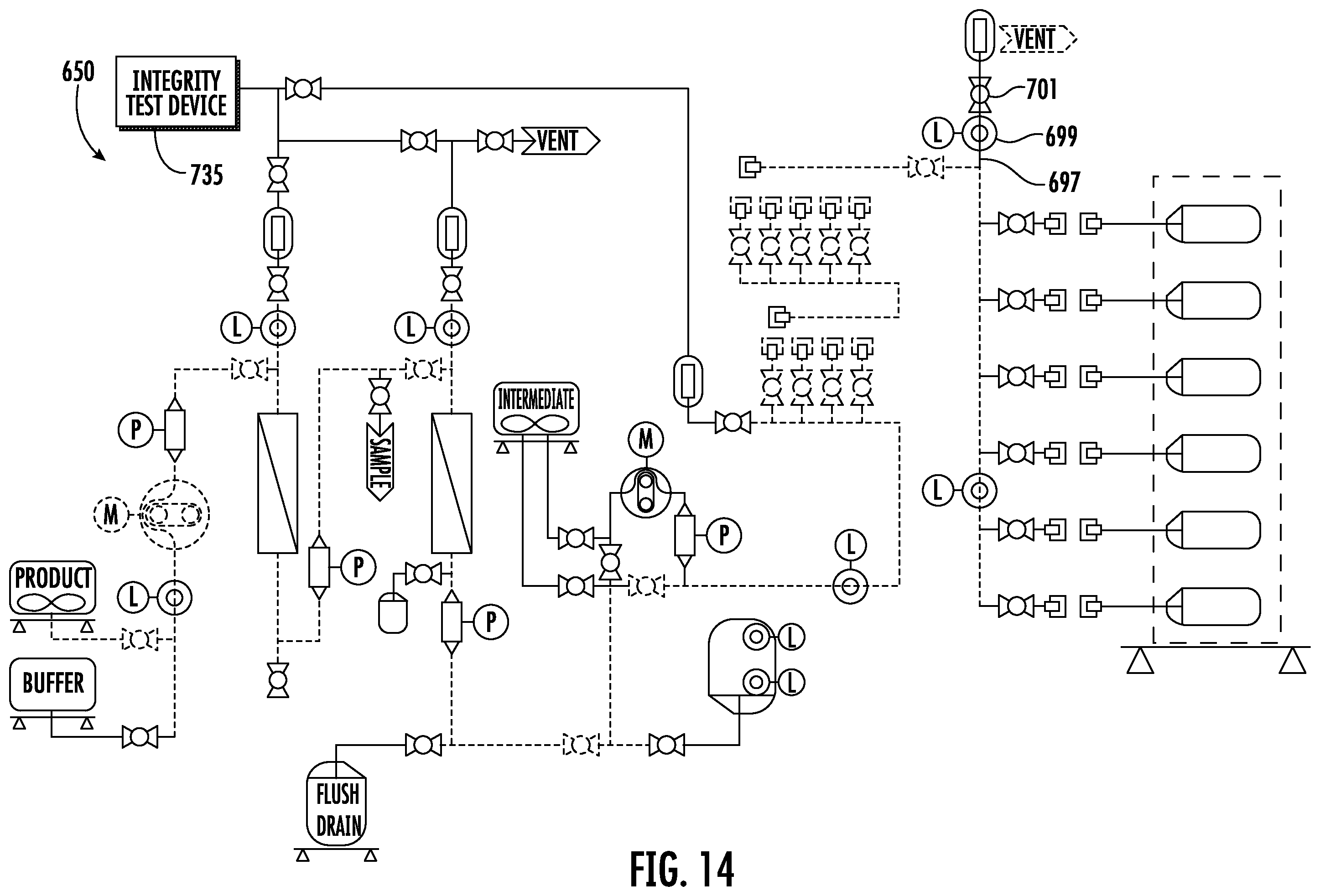Patent US11787680 Figure 14 – Fluid distribution system with single use manifold fluid recovery assembly