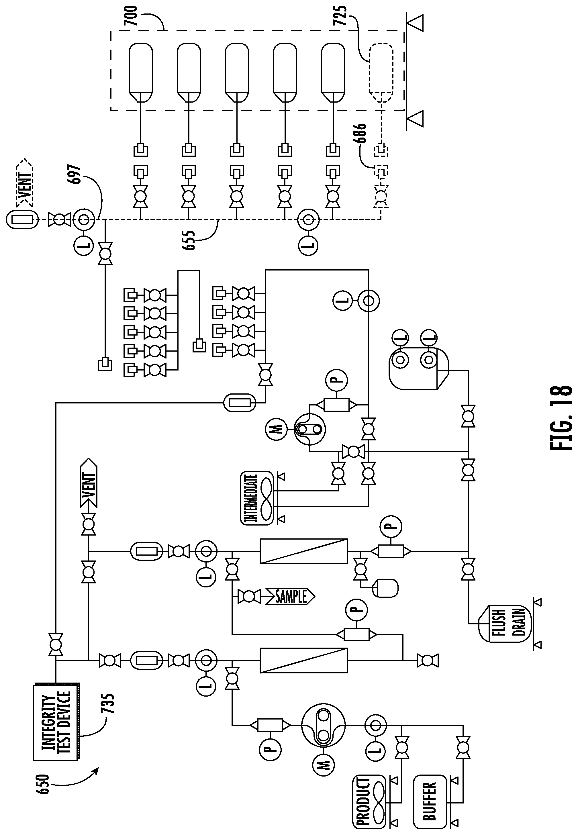 Patent US11787680 Figure 18 – Fluid distribution system with single use manifold fluid recovery assembly