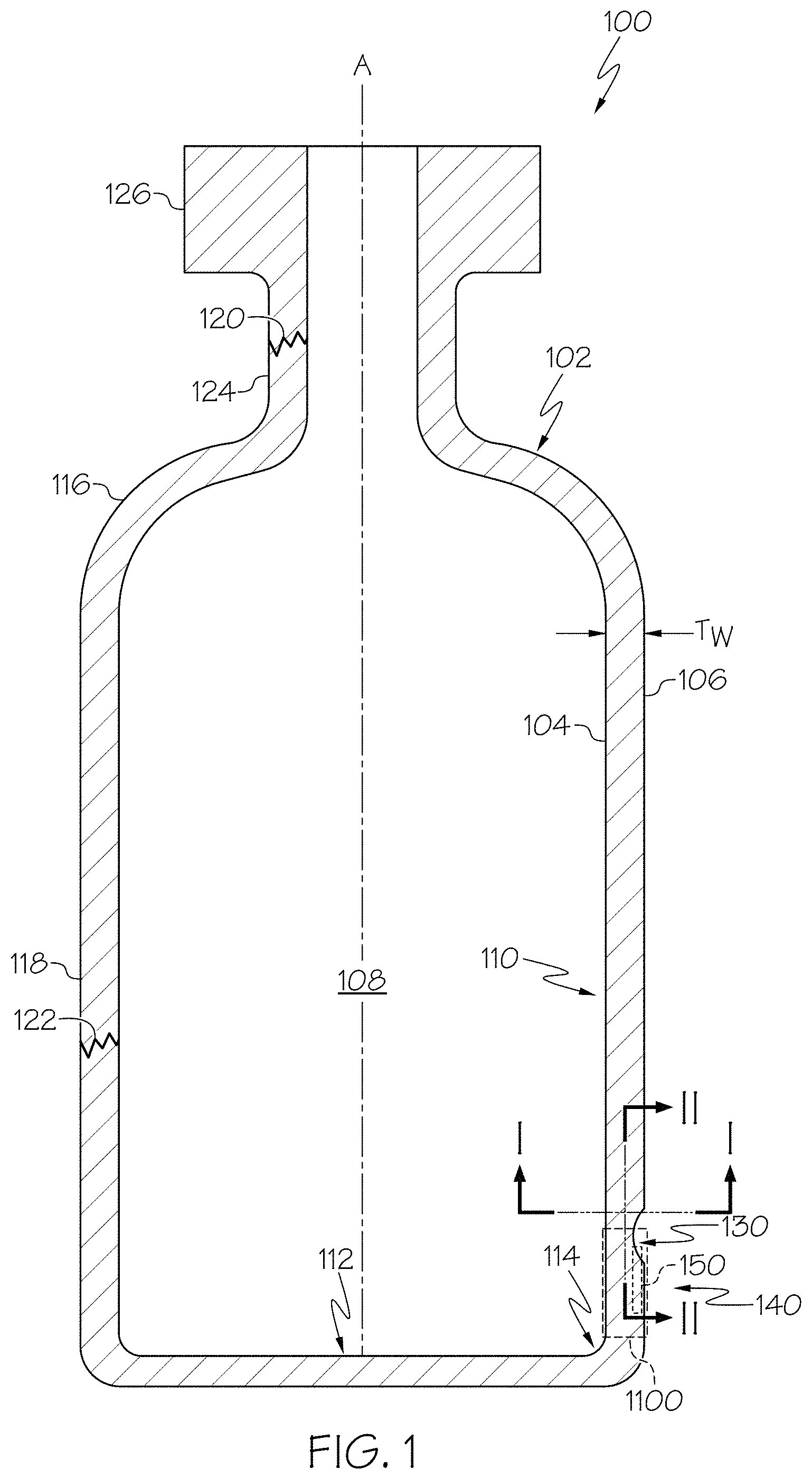 Patent US11787735 — Stress features for crack redirection and protection in glass containers — Figure 1