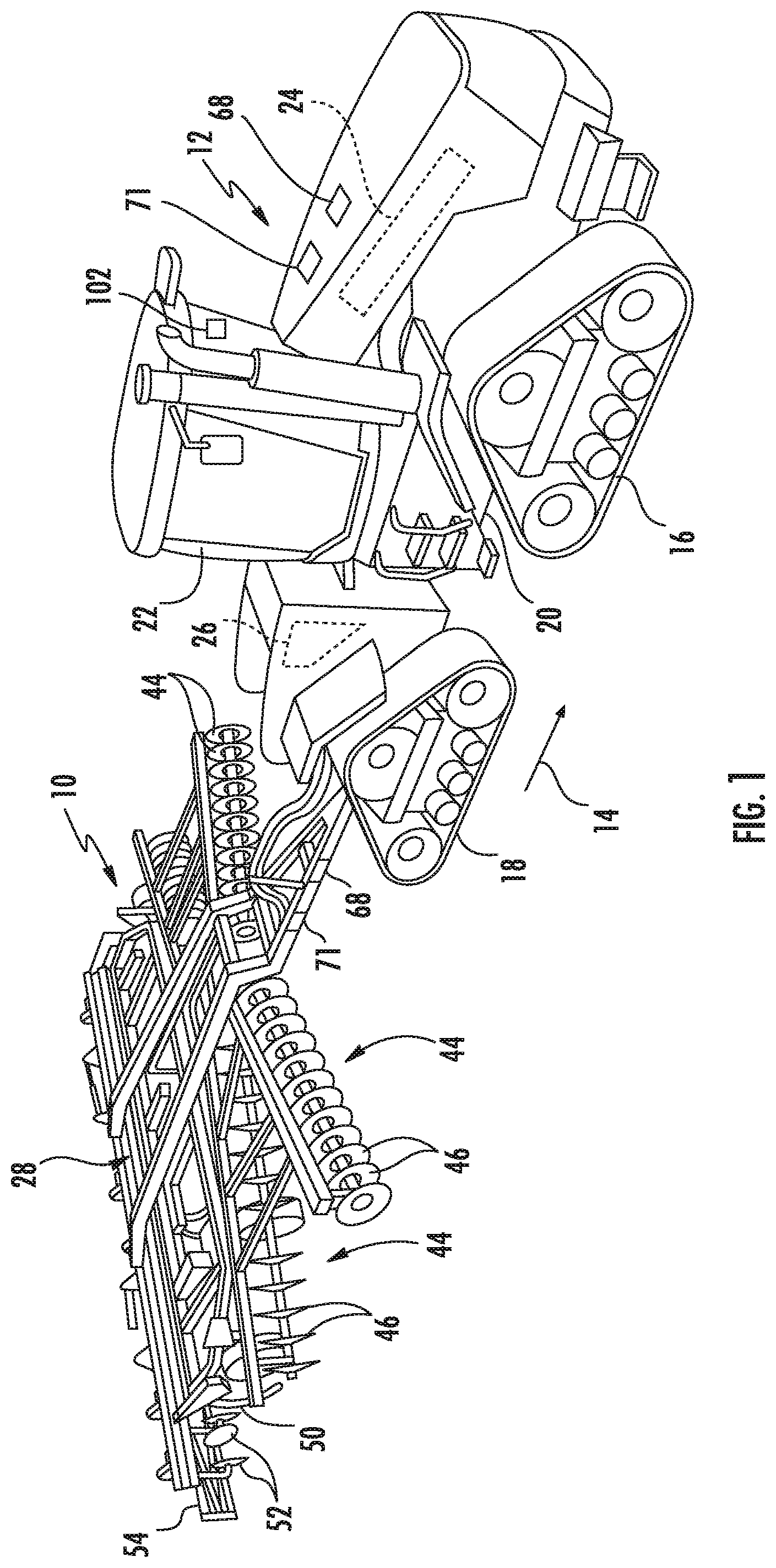 Patent US11793098 Figure 1 – System and method for detecting levelness of tools of a tillage implement based on material flow