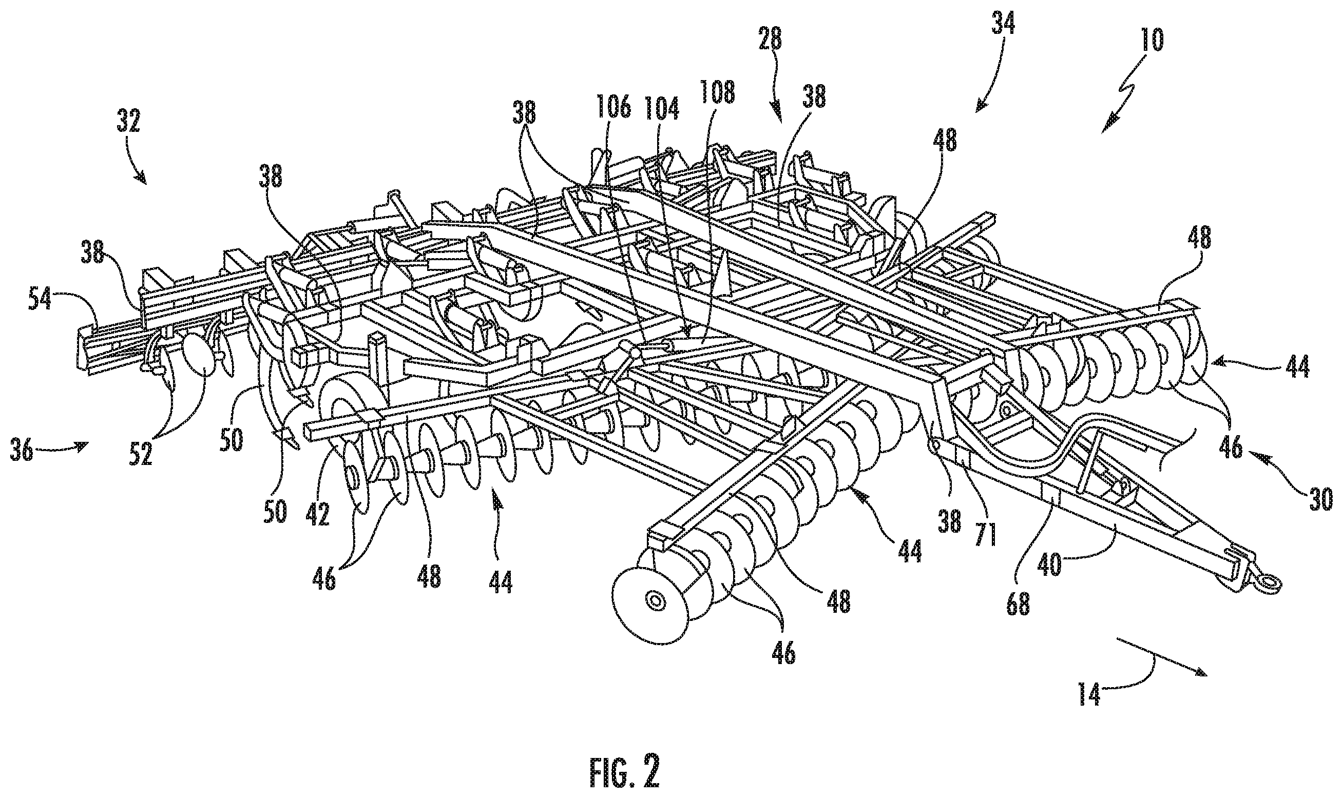Patent US11793098 Figure 2 – System and method for detecting levelness of tools of a tillage implement based on material flow