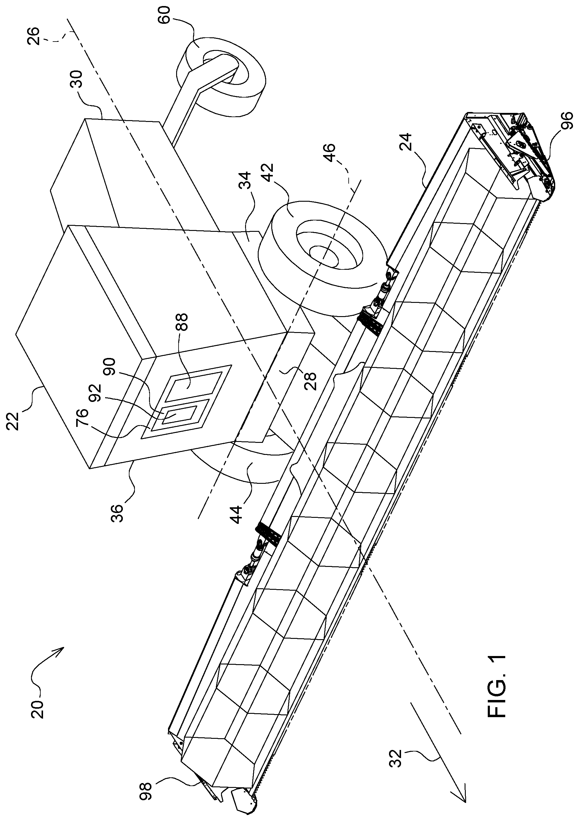 Patent US11793099 Figure 1 – Harvester implement steering control system to prevent over-running harvester head end during turn