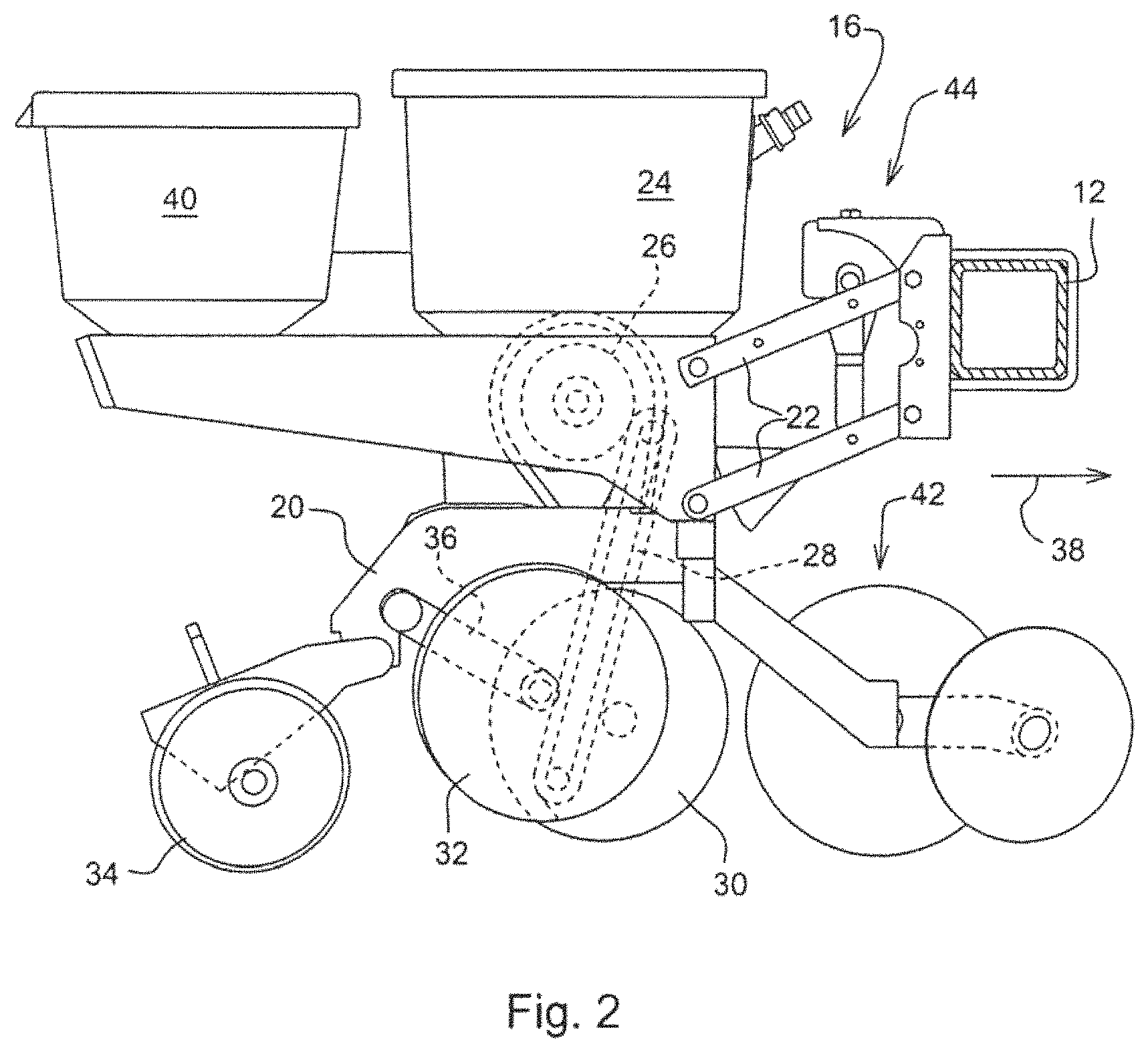 Patent US11793104 Figure 2 – Seeding machine with seed delivery system