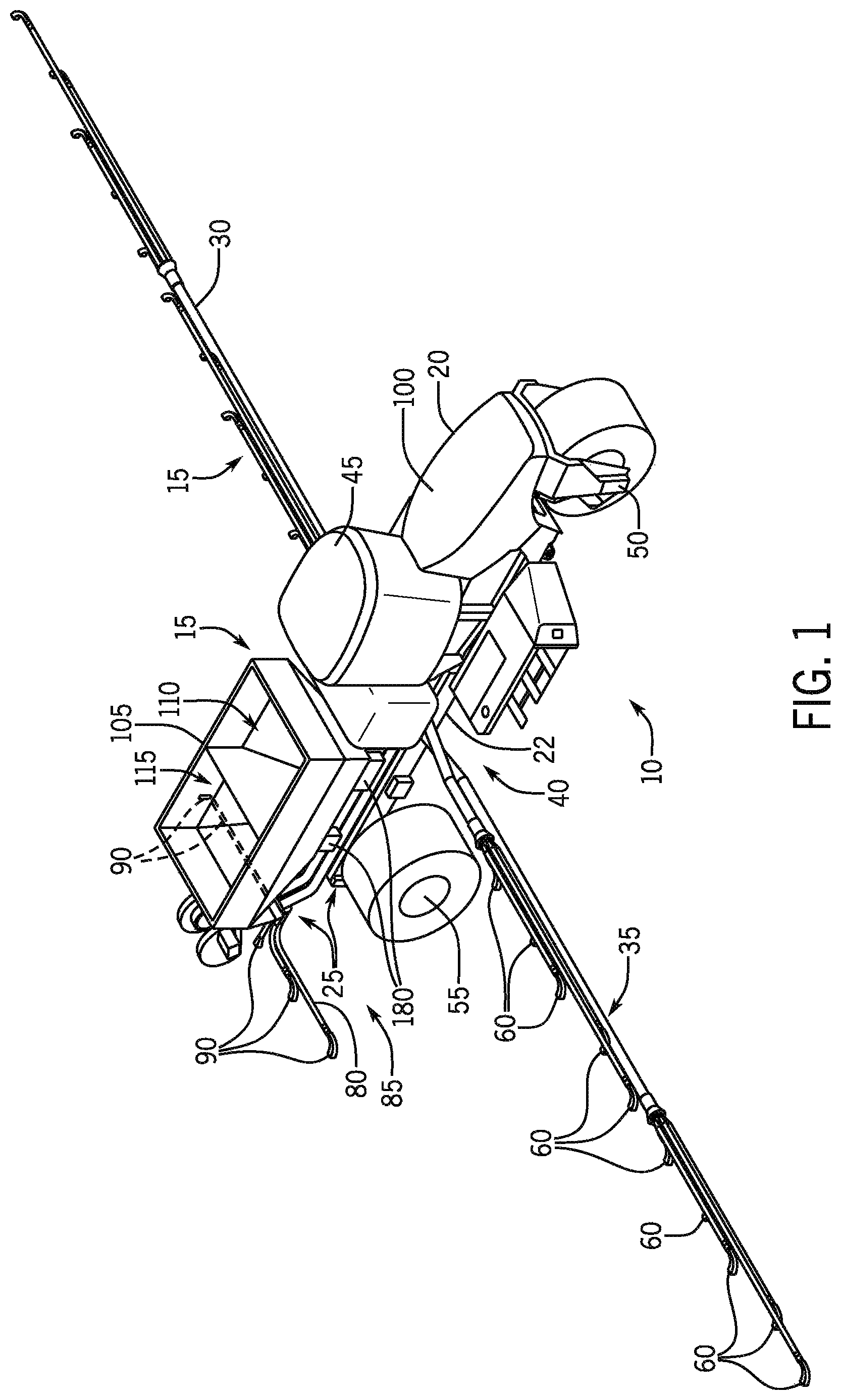 Patent US11793106 Figure 1 – Agricultural application implement with a liftable bin
