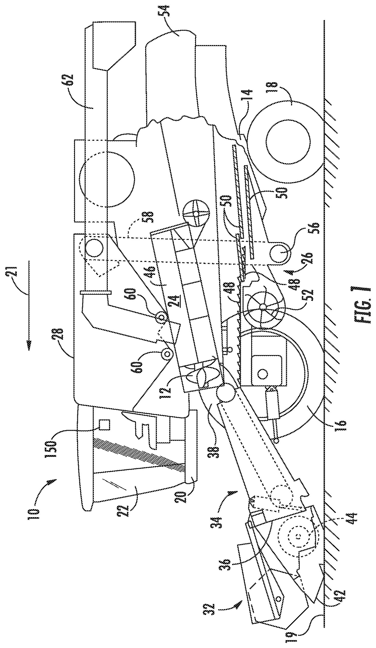 Patent US11793112 Figure 1 – System and method for sensing harvested crop levels utilizing a stowable sensor array