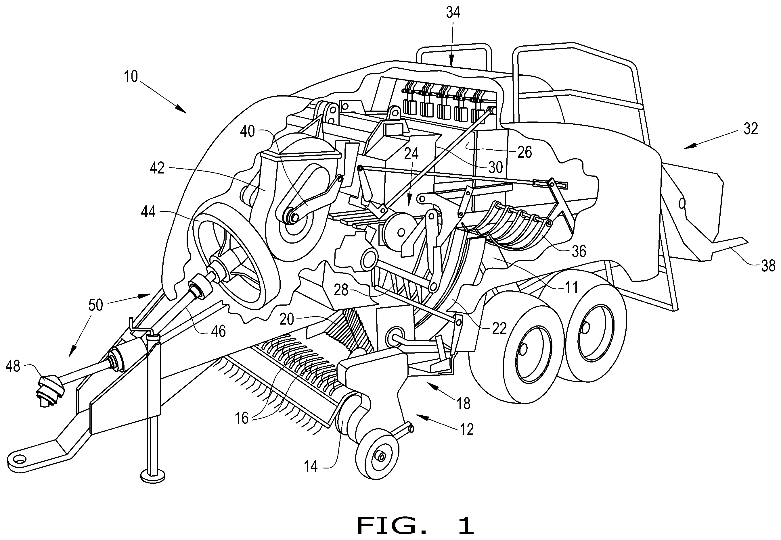 Patent US11793114 — Agricultural vehicle including a pickup with a tine guide — Figure 1