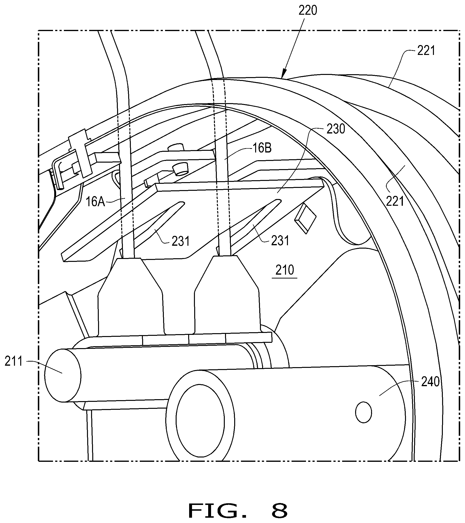 Patent US11793114 Figure 8 – Agricultural vehicle including a pickup with a tine guide