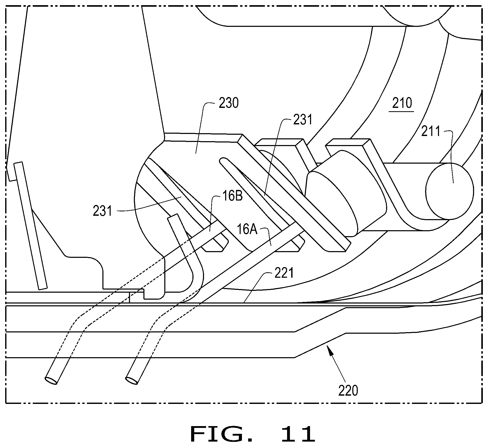 Patent US11793114 Figure 11 – Agricultural vehicle including a pickup with a tine guide