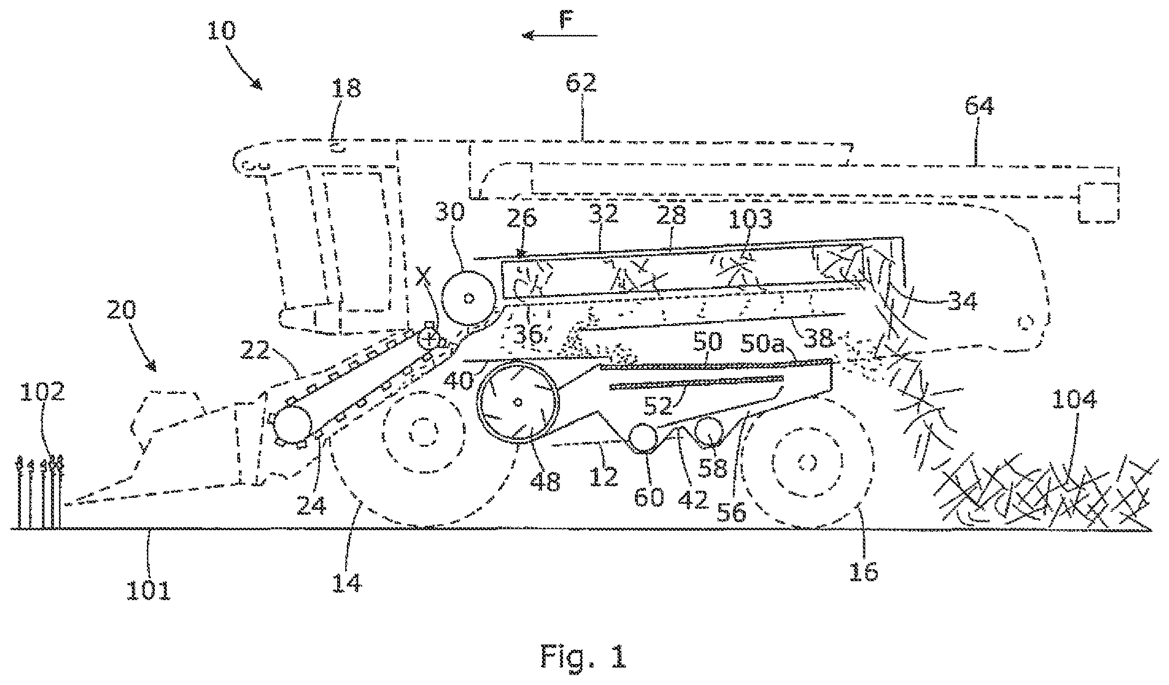 Patent US11793115 Figure 1 – Material conveyance system in a combine harvester