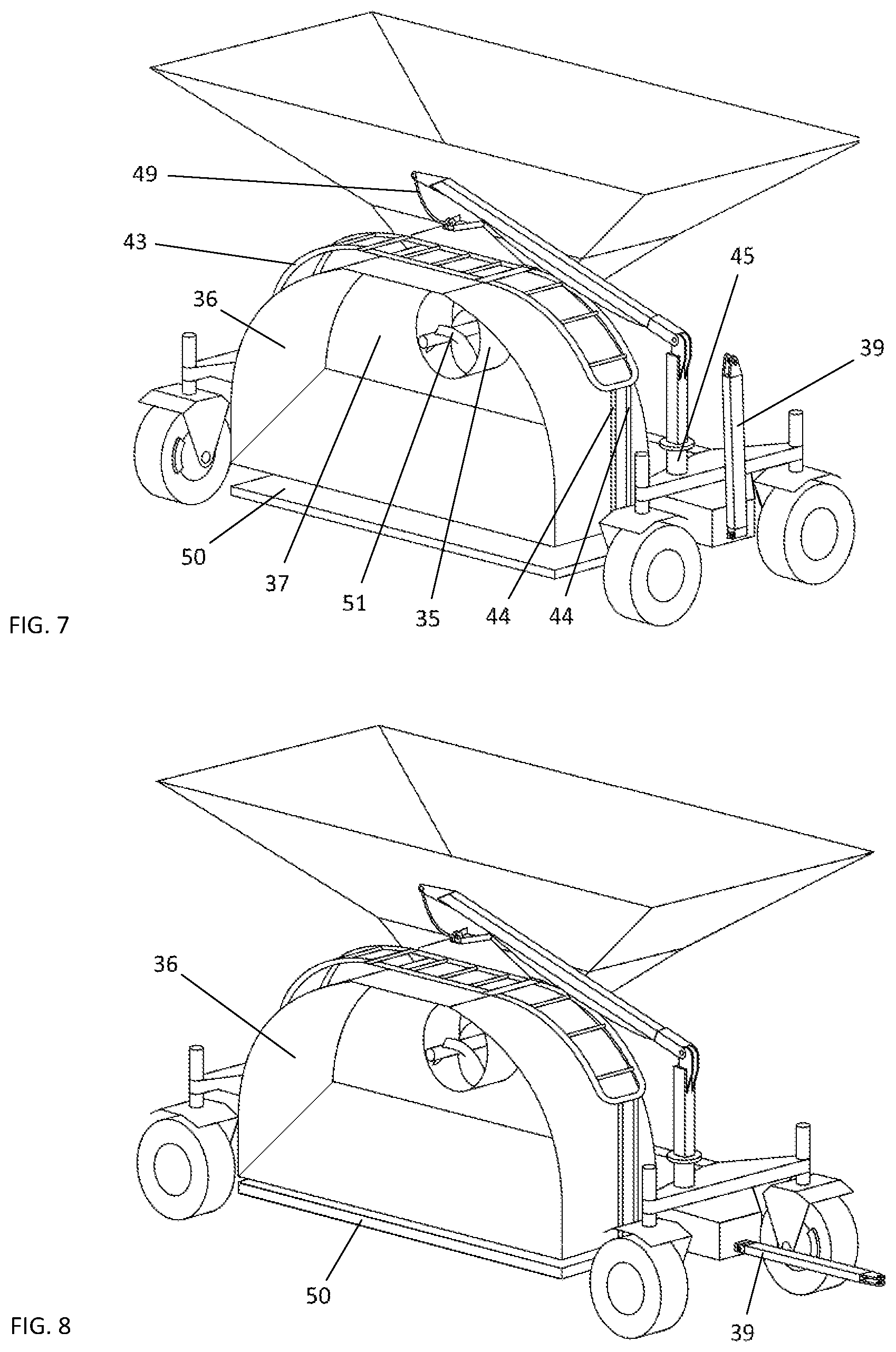 Patent US11793117 Figure 3 – Self-trailering grain bagging machine on four wheels