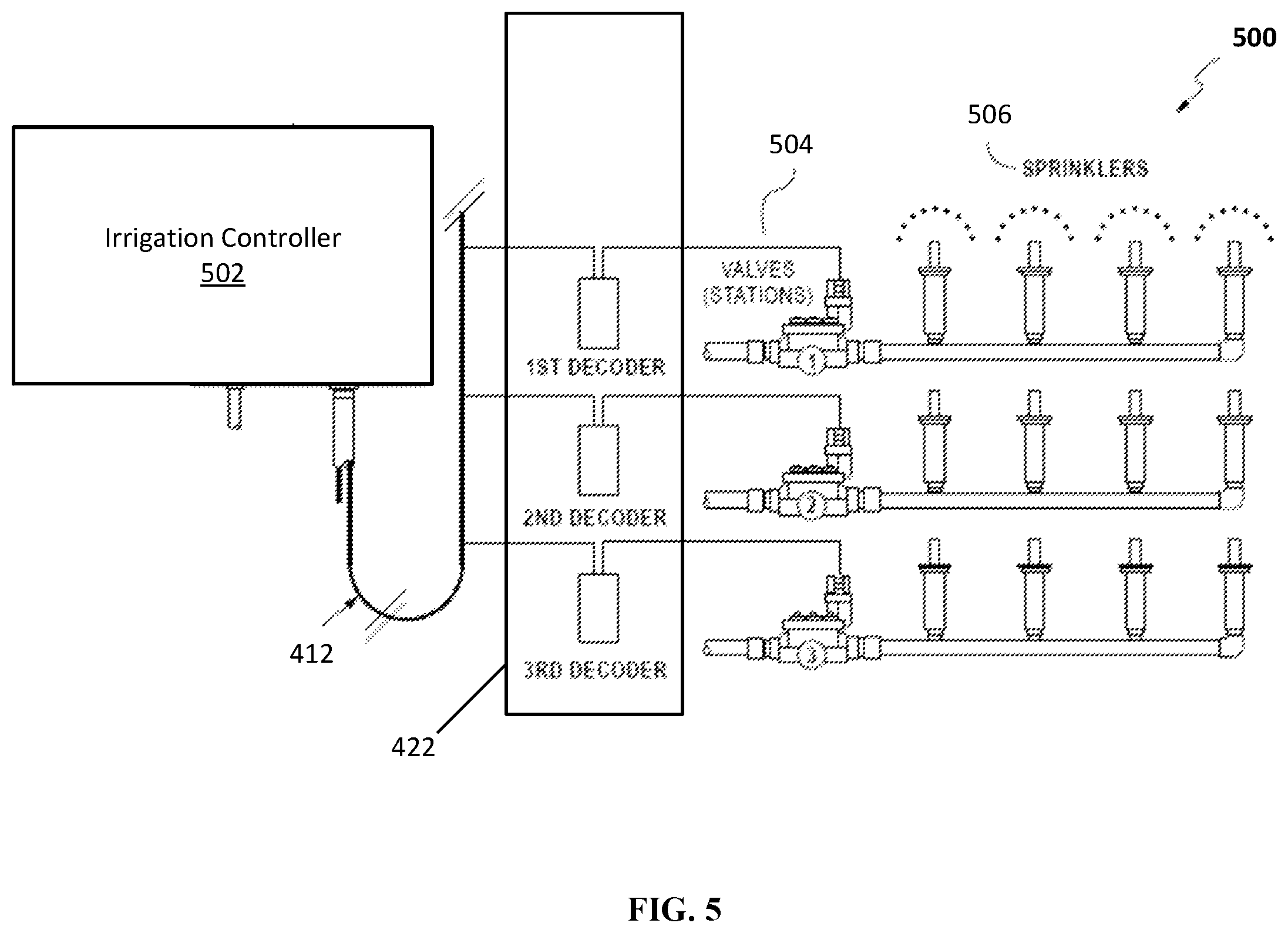 Patent US11793129 Figure 5 – Irrigation controller with relays