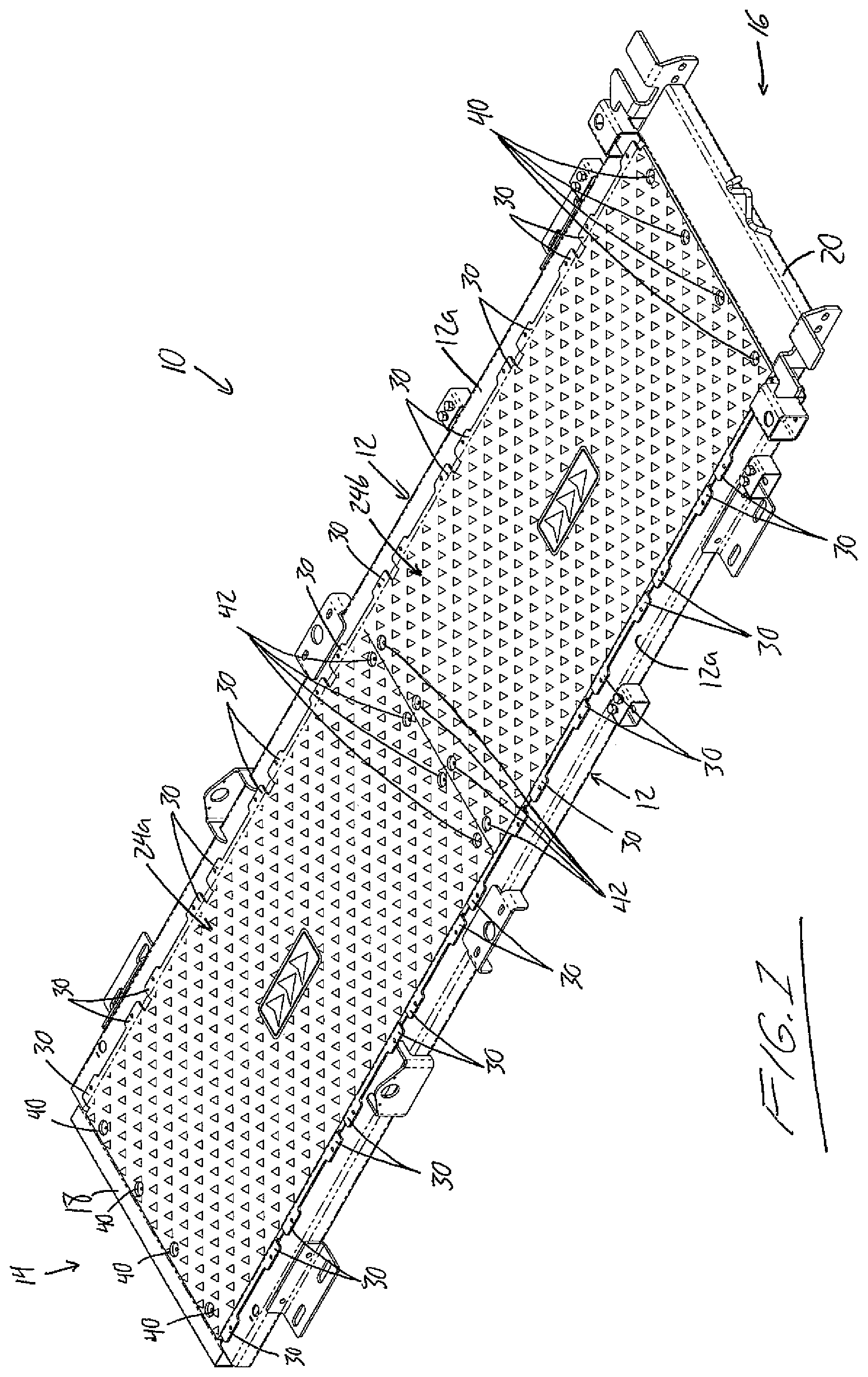 Patent US11793157 Figure 1 – Tray-supported floor mats for livestock handling equipment
