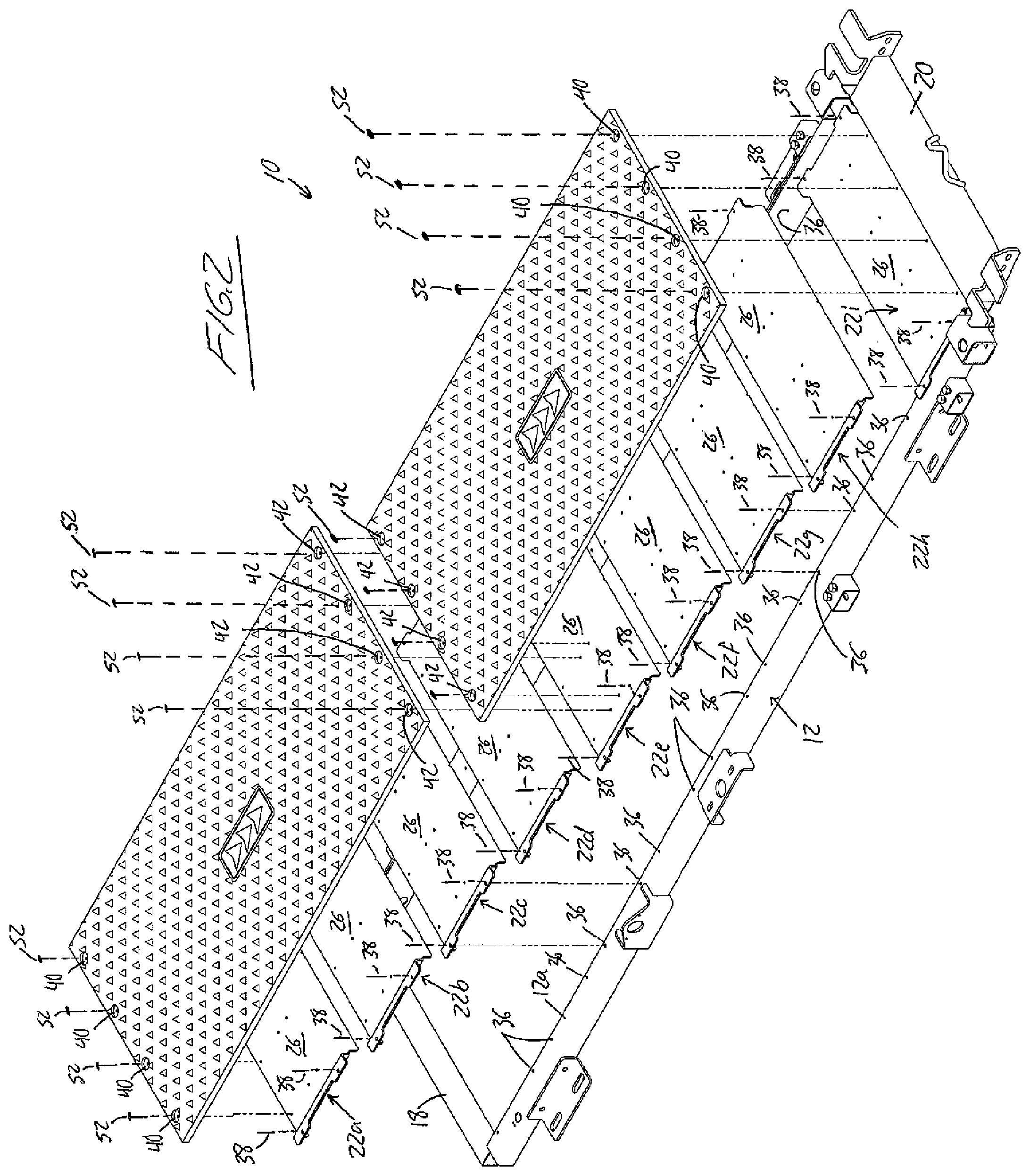 Patent US11793157 Figure 2 – Tray-supported floor mats for livestock handling equipment
