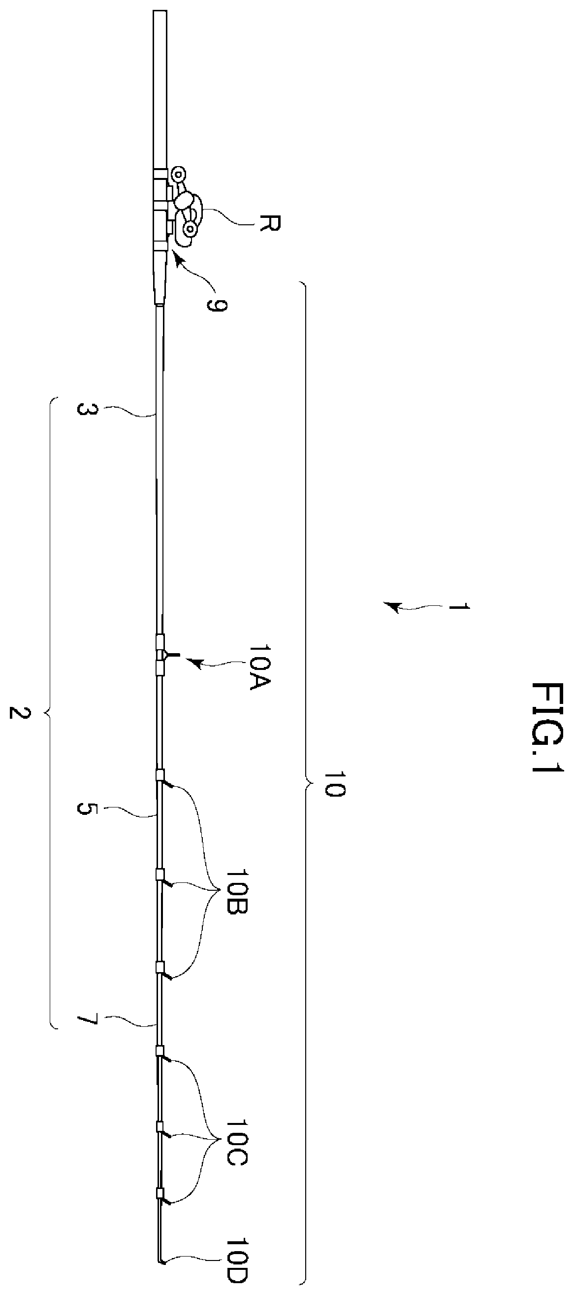 Patent US11793182 Figure 1 – Fishing rod having rod body to which attachment is attached, tubular body and production method therefor