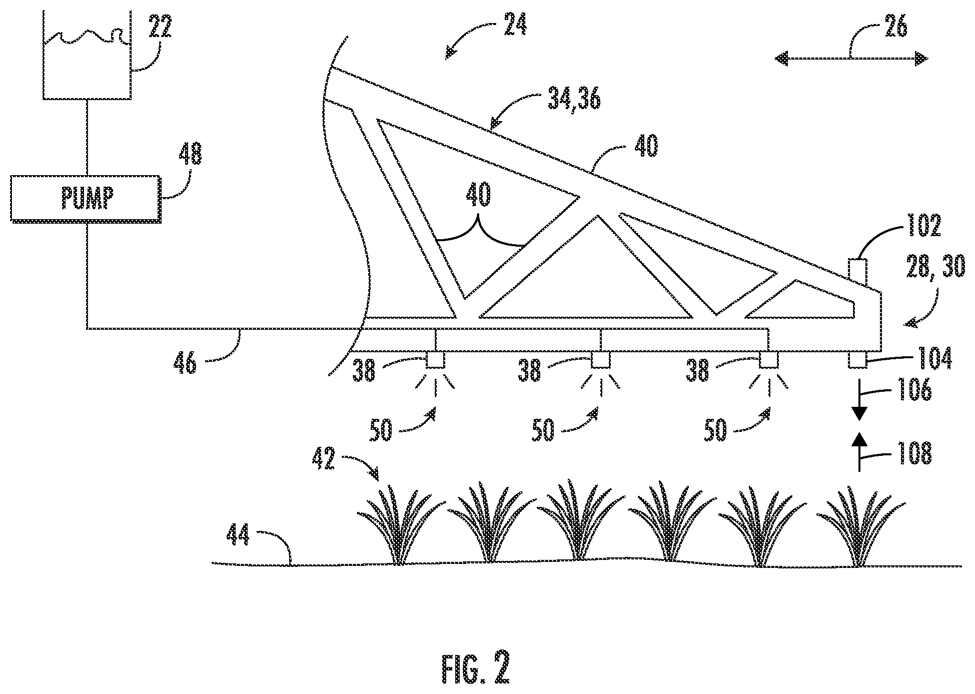 Patent US11793187 Figure 2 – System and method for monitoring agricultural fluid deposition rate during a spraying operation