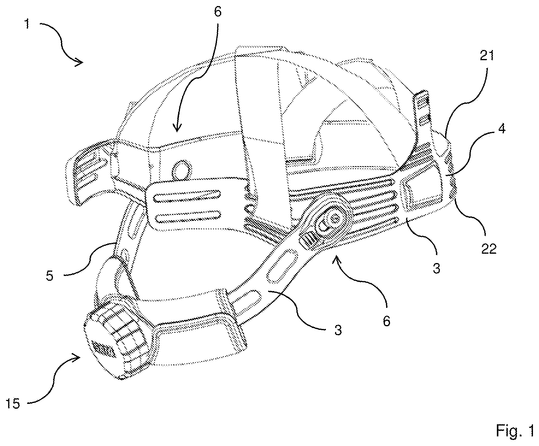Patent US11793260 Figure 1 – Skull mounting system for headgear, respiratory hood with headgear and method for fastening of headgear