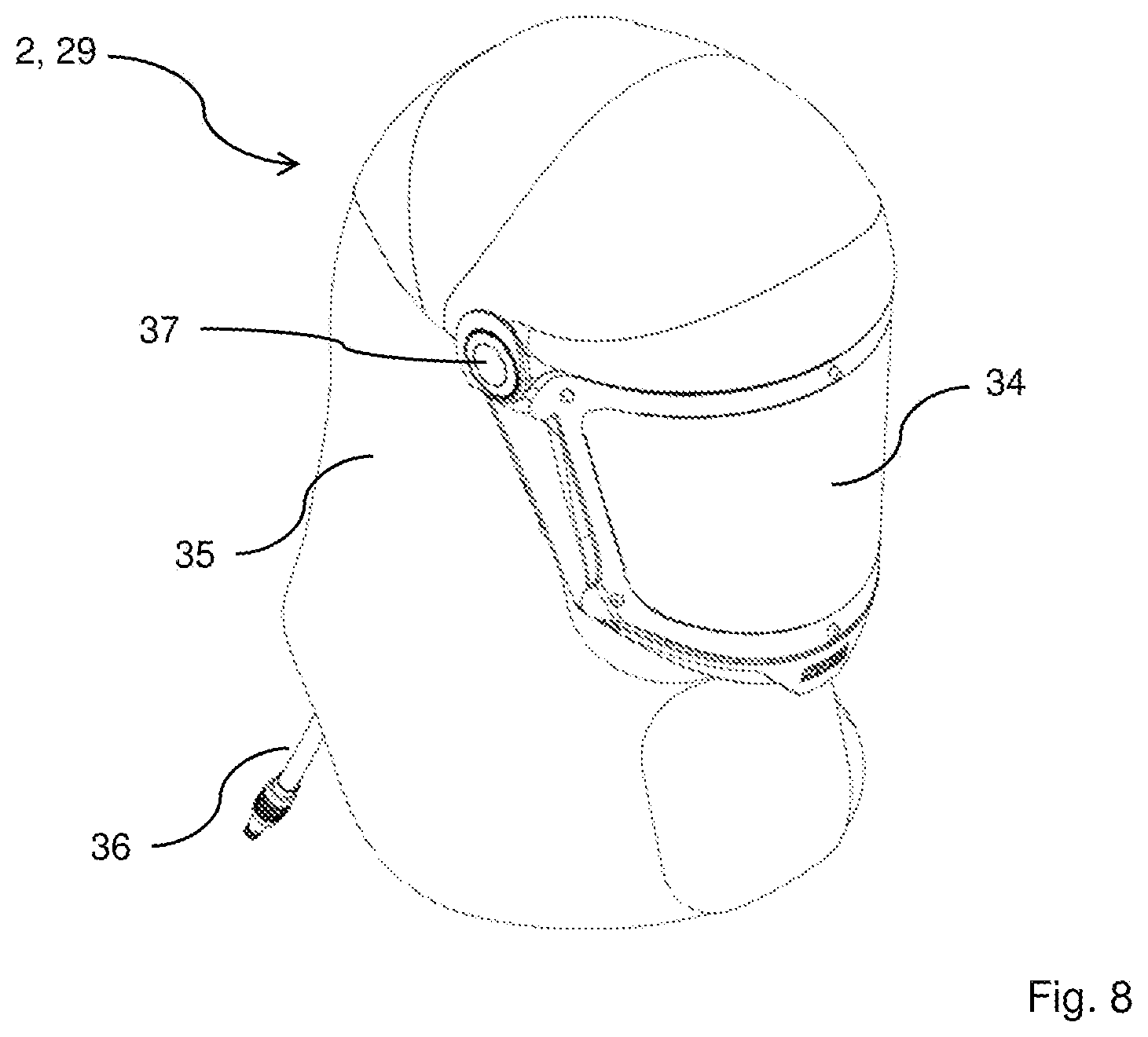 Patent US11793260 Figure 5 – Skull mounting system for headgear, respiratory hood with headgear and method for fastening of headgear