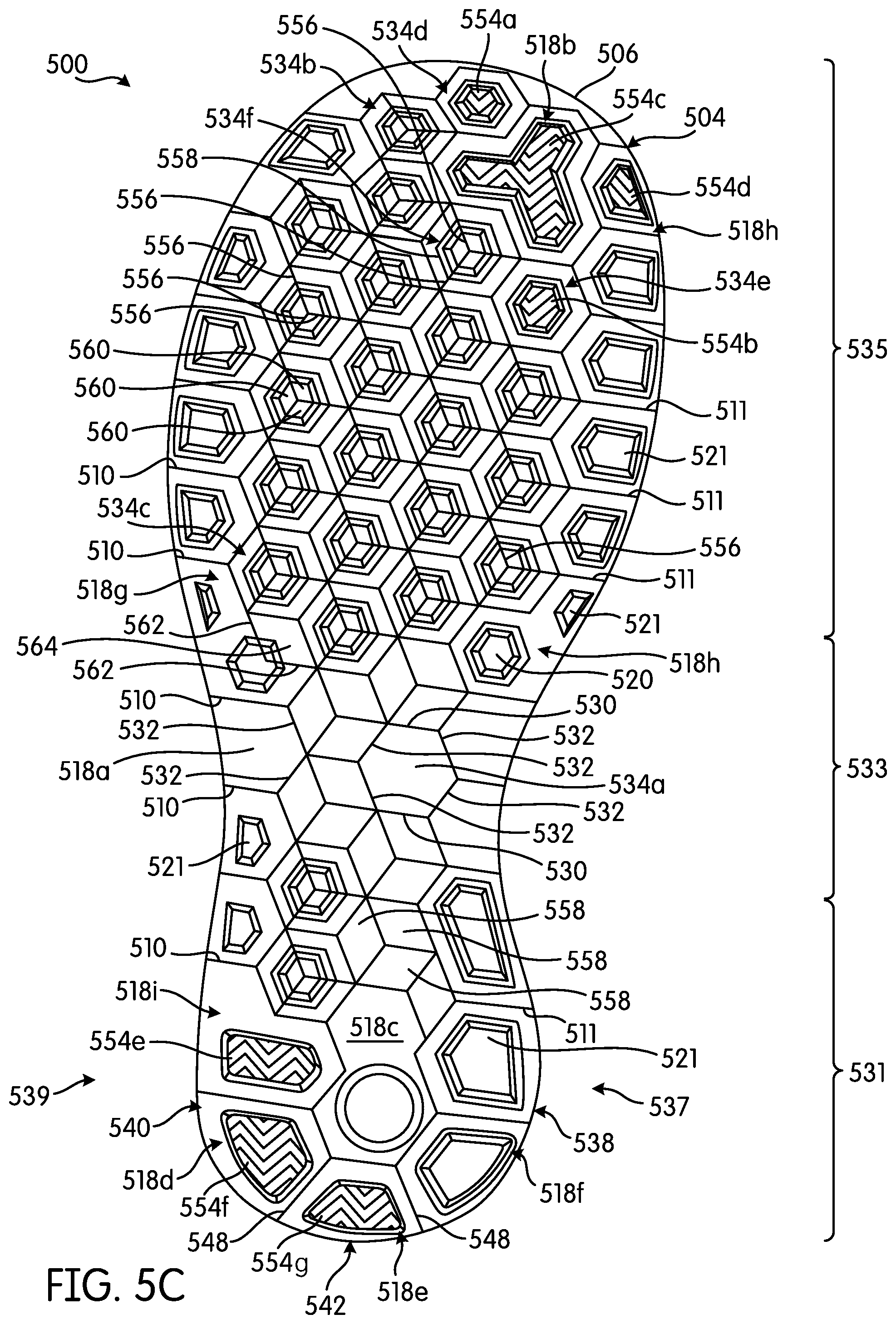 Patent US11793269 Figure 7 – Articulated sole structure with sipes forming hexagonal sole elements