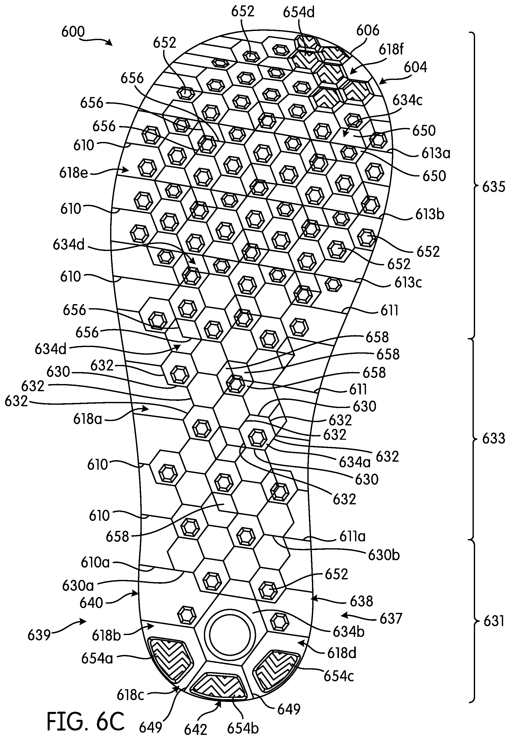 Patent US11793269 Figure 9 – Articulated sole structure with sipes forming hexagonal sole elements