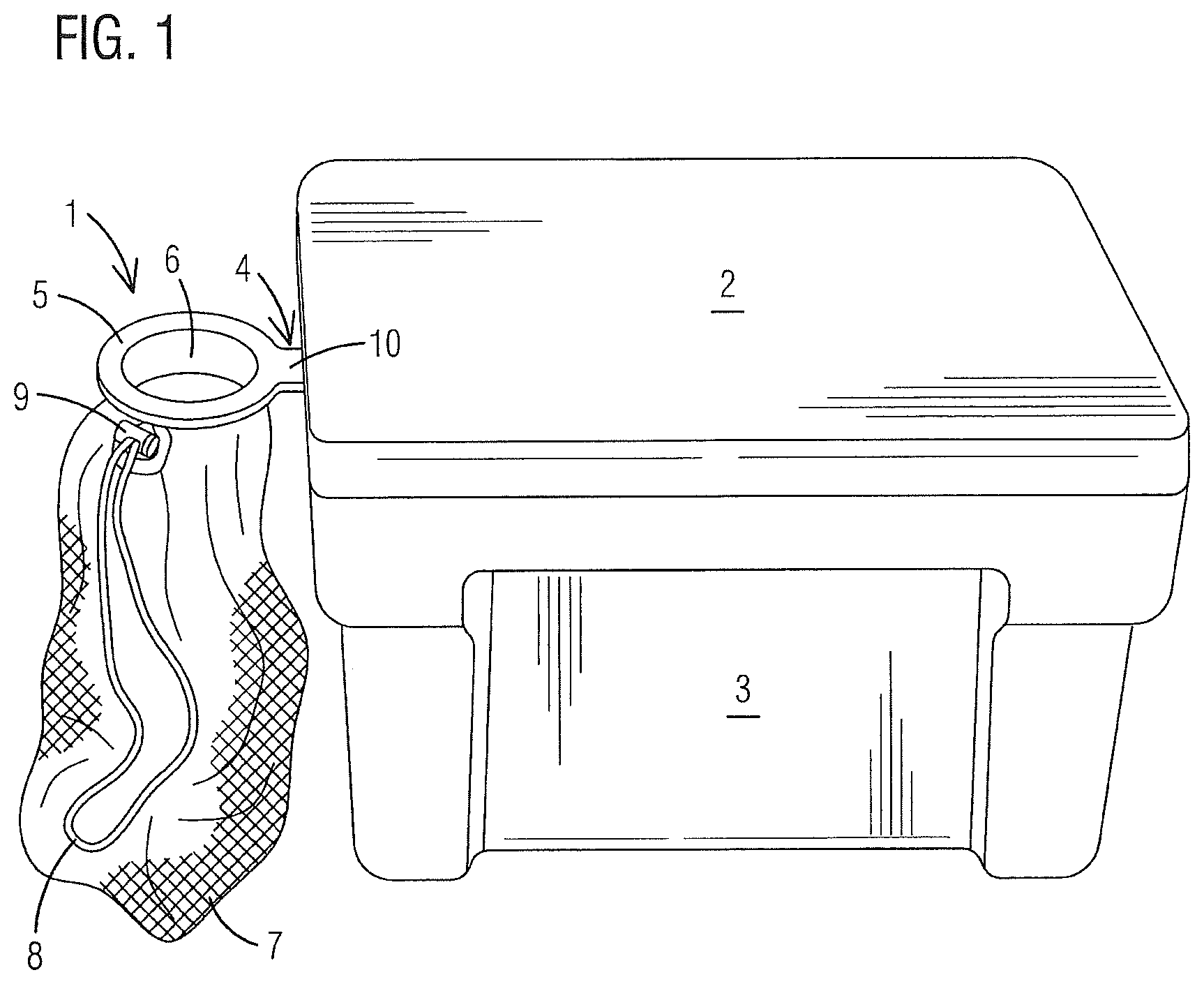 Patent US11793285 Figure 1 – Cooler trash disposal accessory