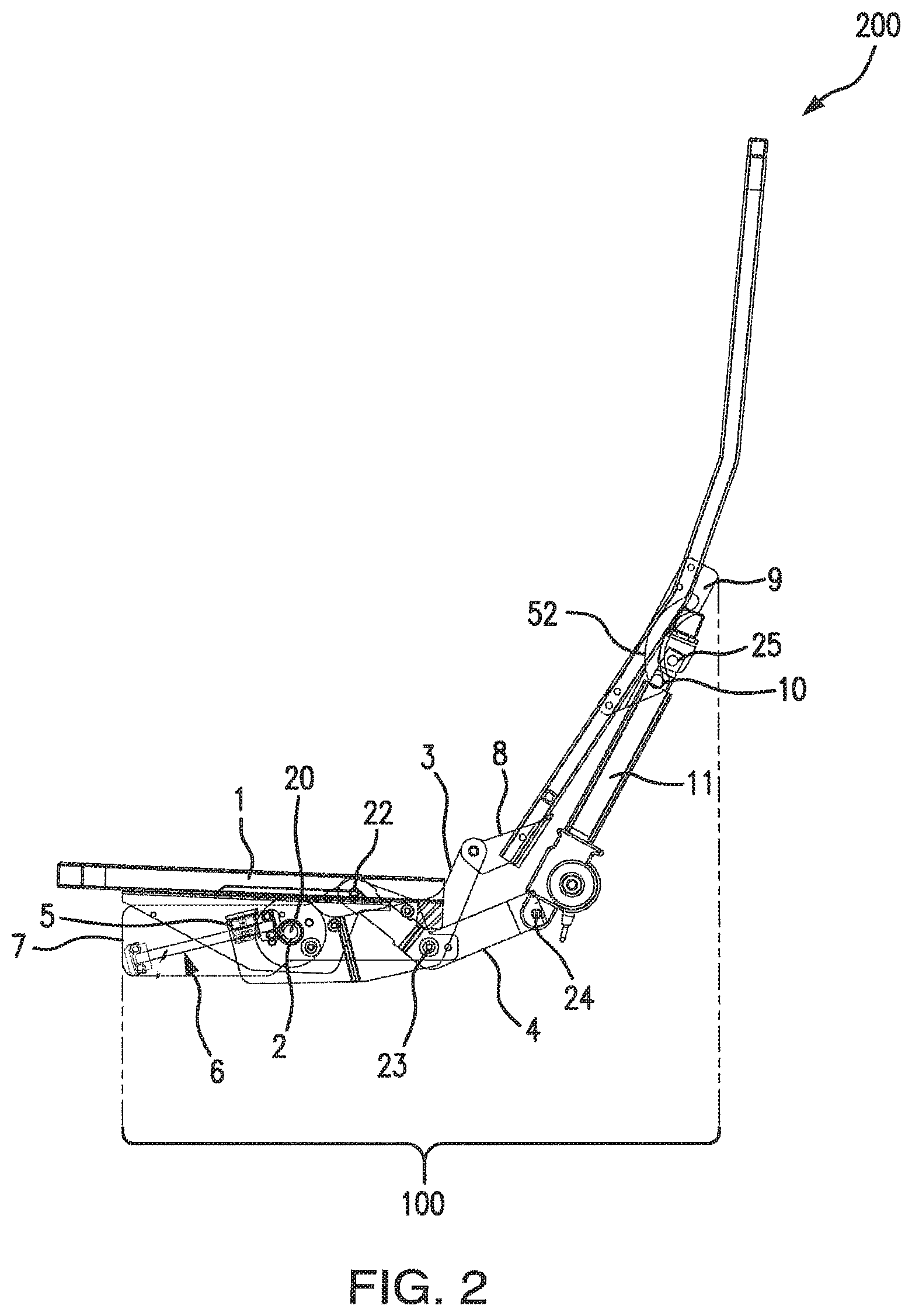 Patent US11793311 Figure 2 – Dual motion sloped floor recline mechanism for a theater seat