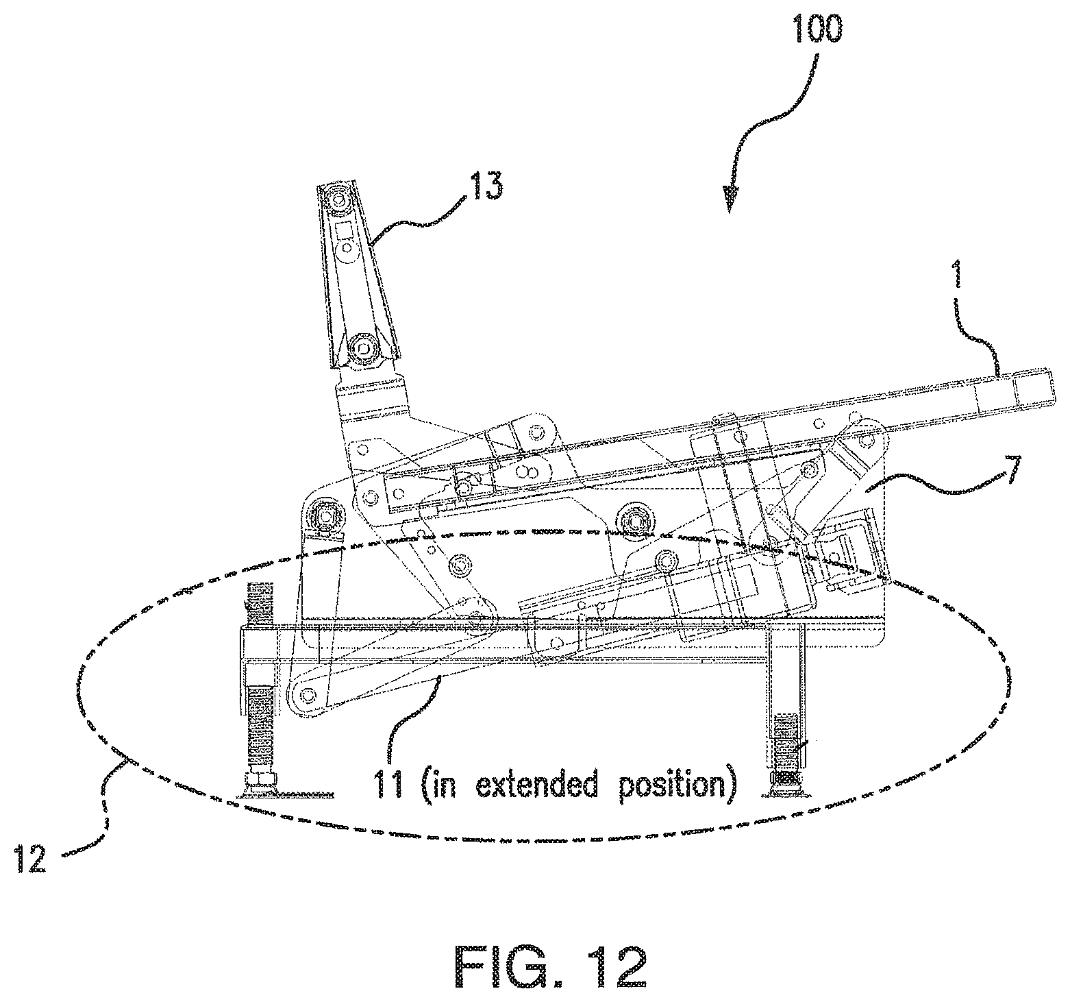 Patent US11793311 Figure 16 – Dual motion sloped floor recline mechanism for a theater seat