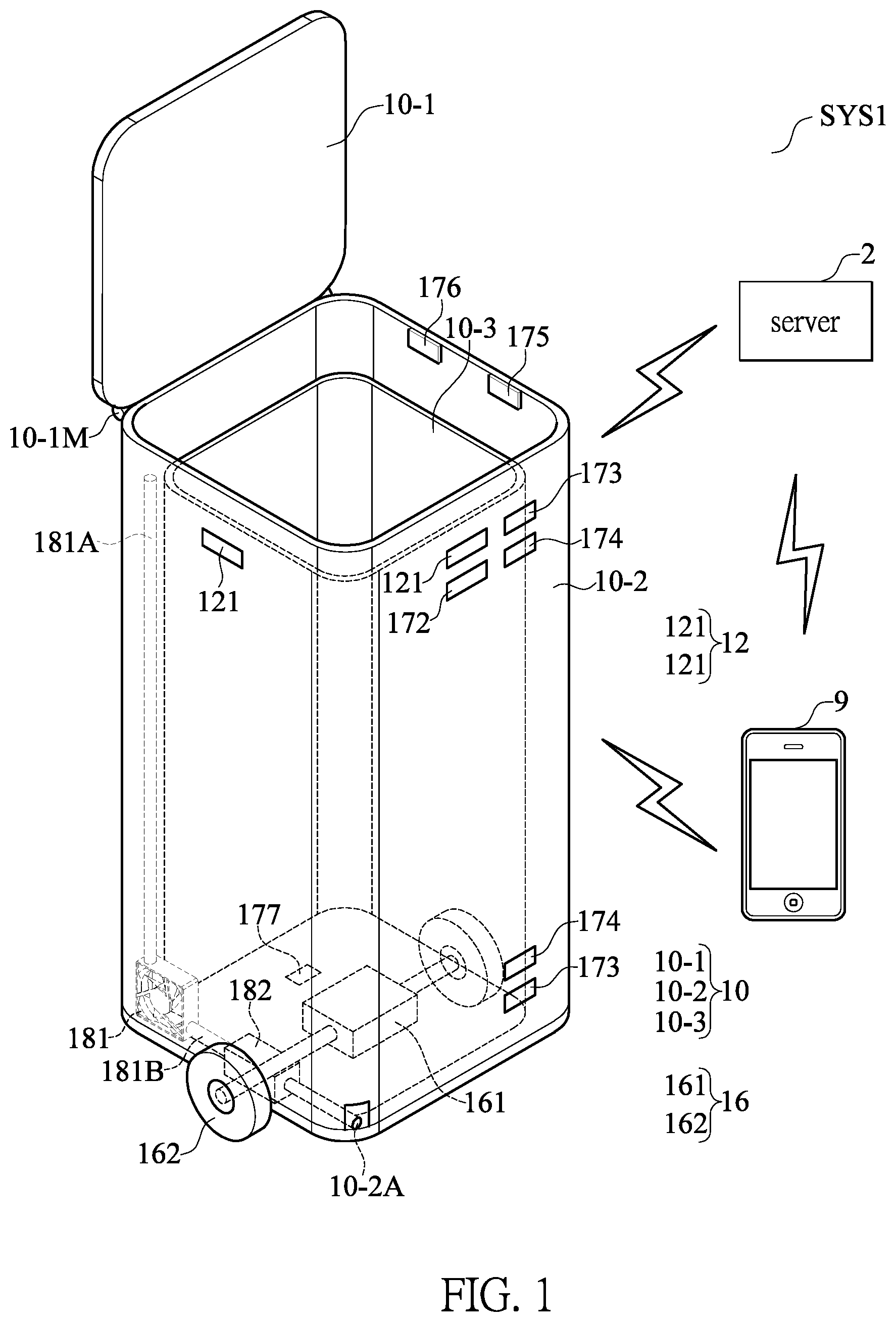 Patent US11793313 Figure 1 – Waste storage device and intelligent management system